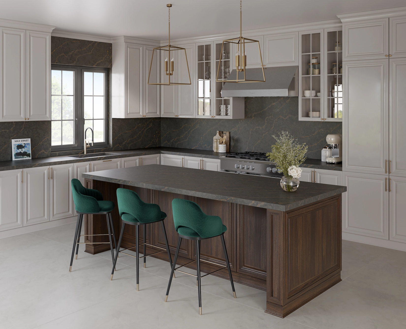 Shaker kitchen in timber with dark stone island and teal bar stools