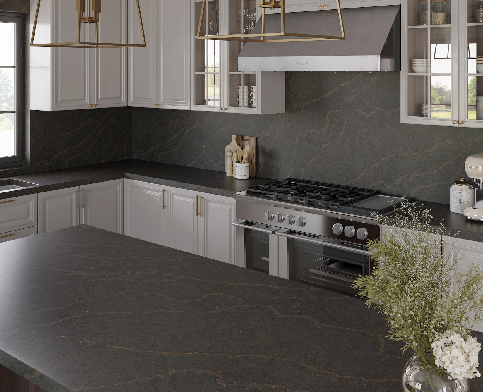 Shaker kitchen with range cooker and dark stone worktop