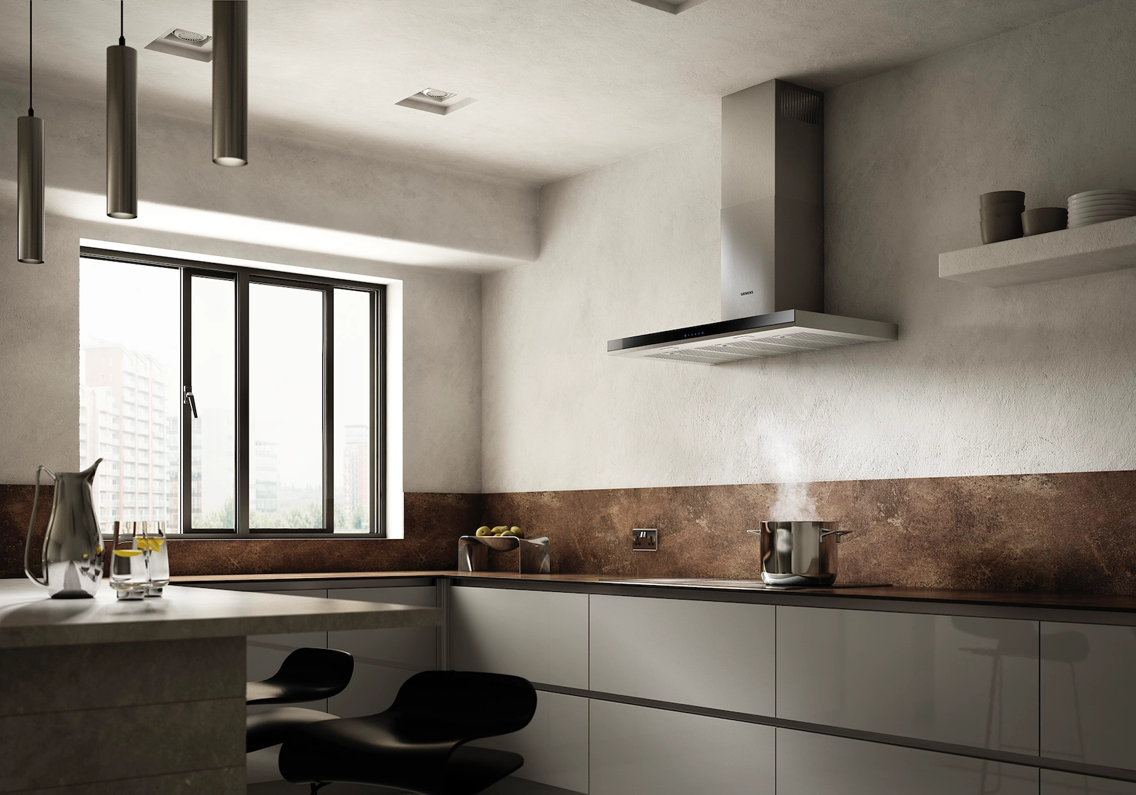 Handleless kitchen in grey with copper splashback and breakfast bar seating