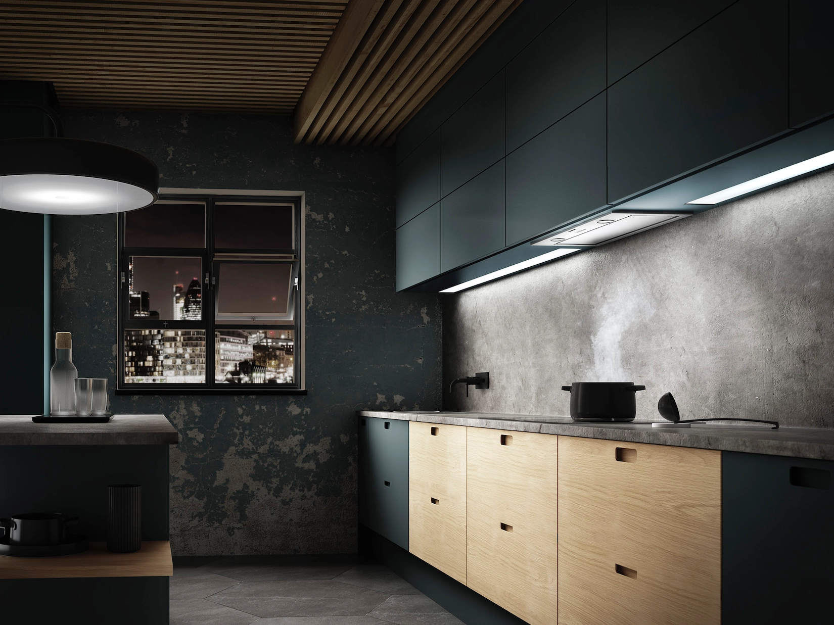 Dark handleless kitchen with oak drawers and slatted timber ceiling