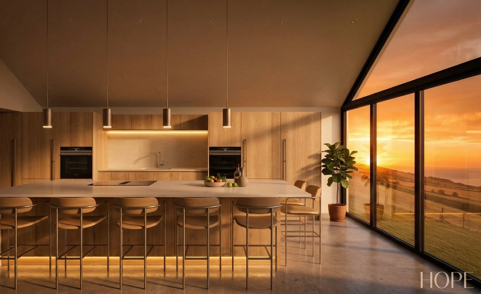 Kitchen with island and glass doors opening onto the garden at dusk
