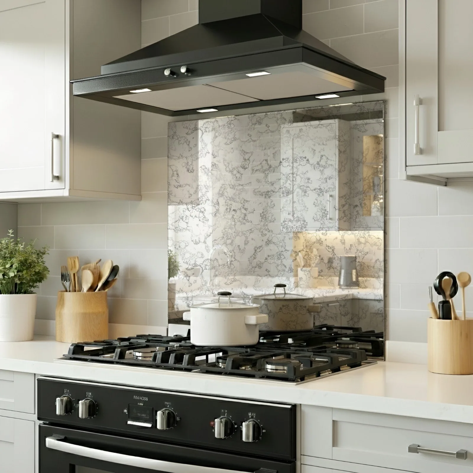 Kitchen with a marble splashback, gas hob and open timber shelving