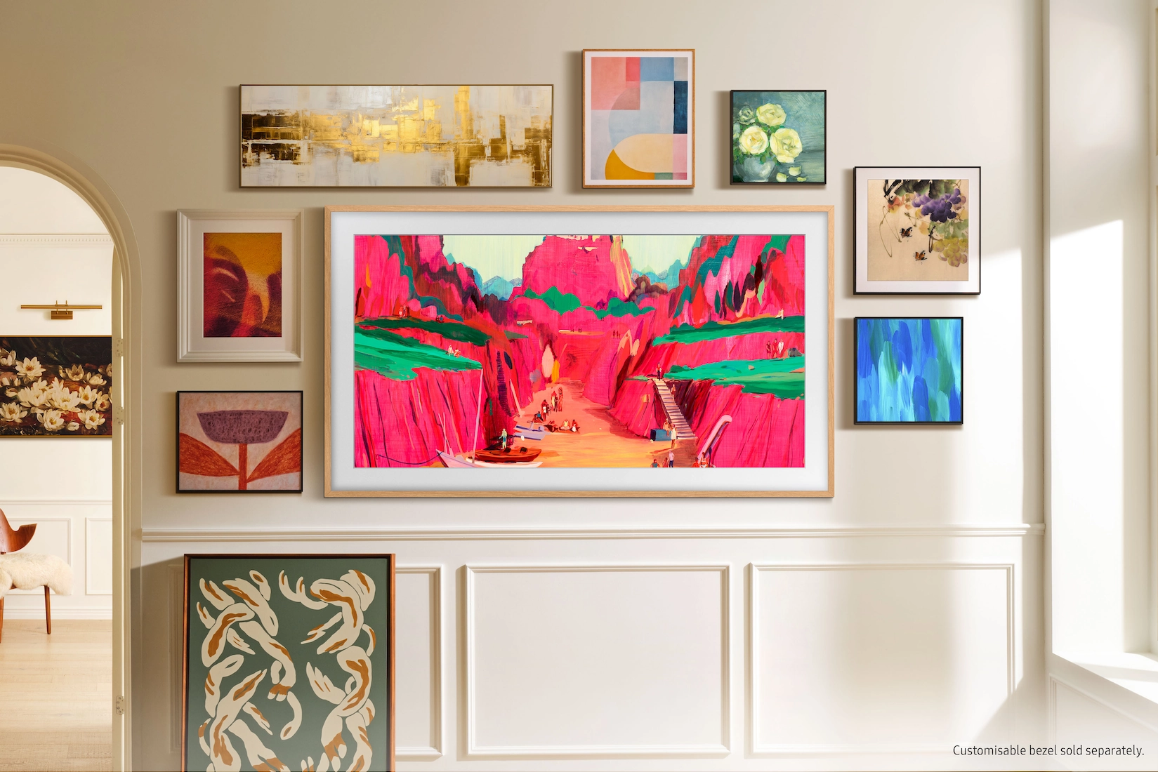 Media wall with framed television and gallery picture display