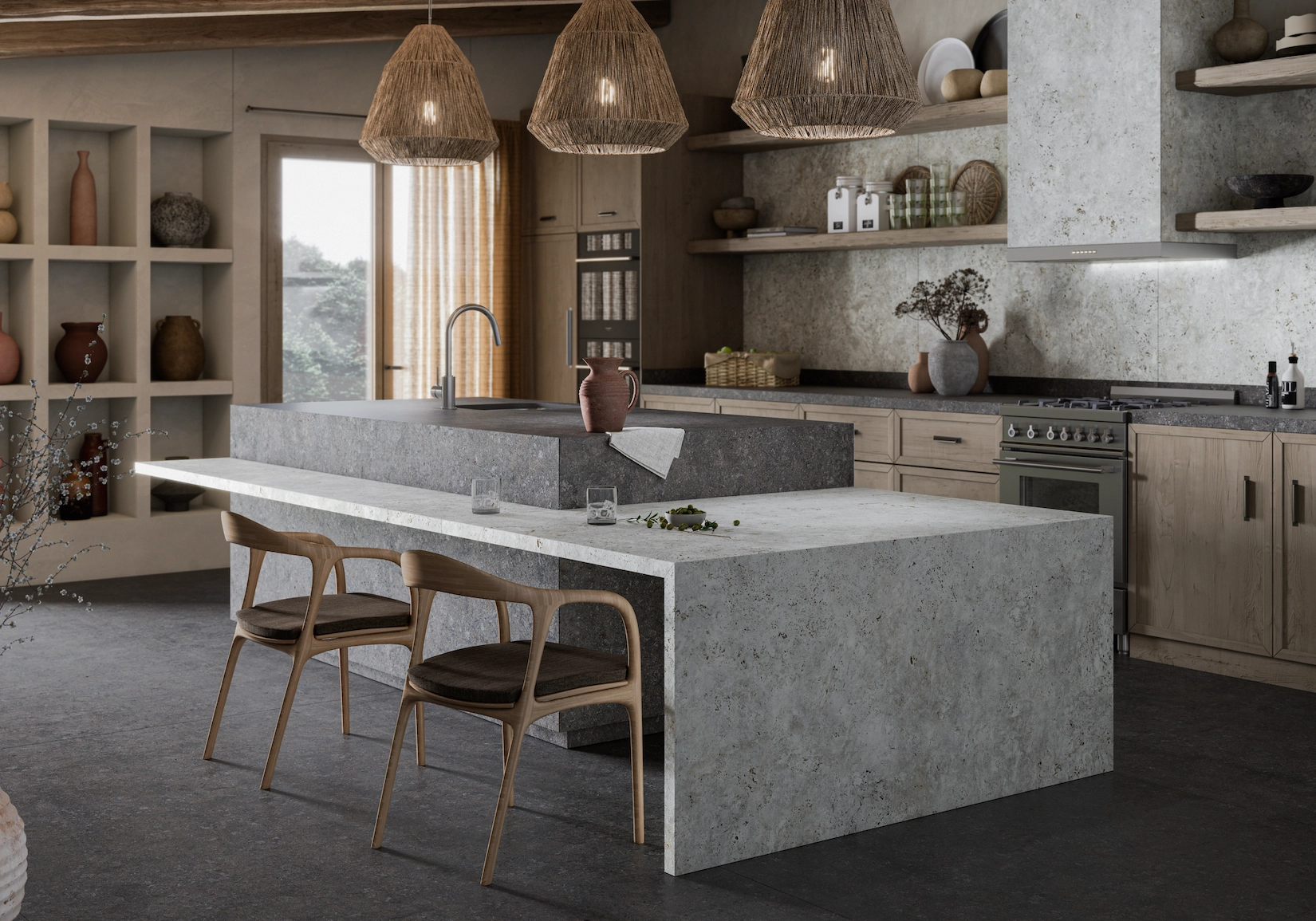 Shaker kitchen with concrete island and woven pendant lights