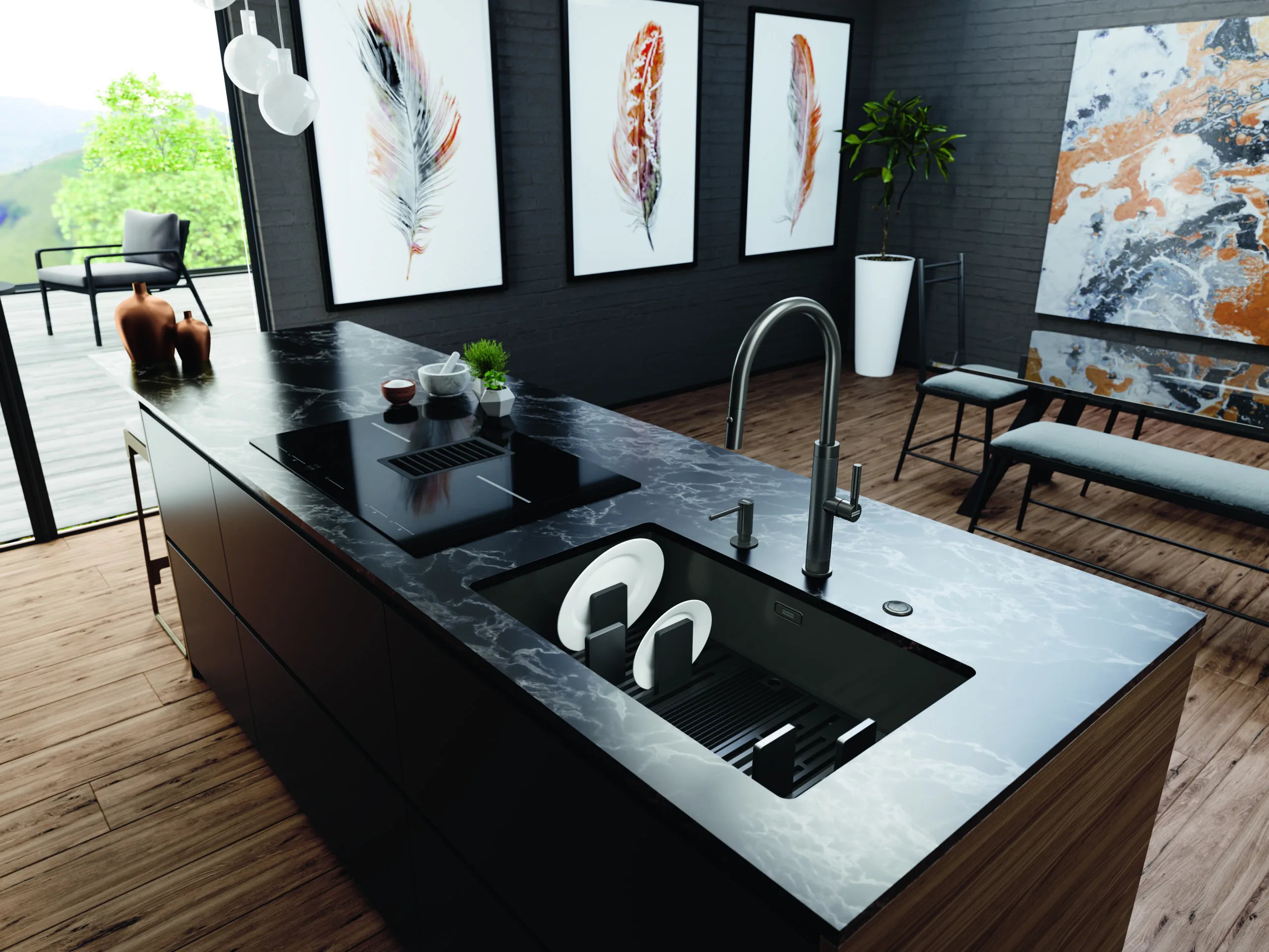 Dark kitchen island with an undermount sink and gold tap against a marble backdrop