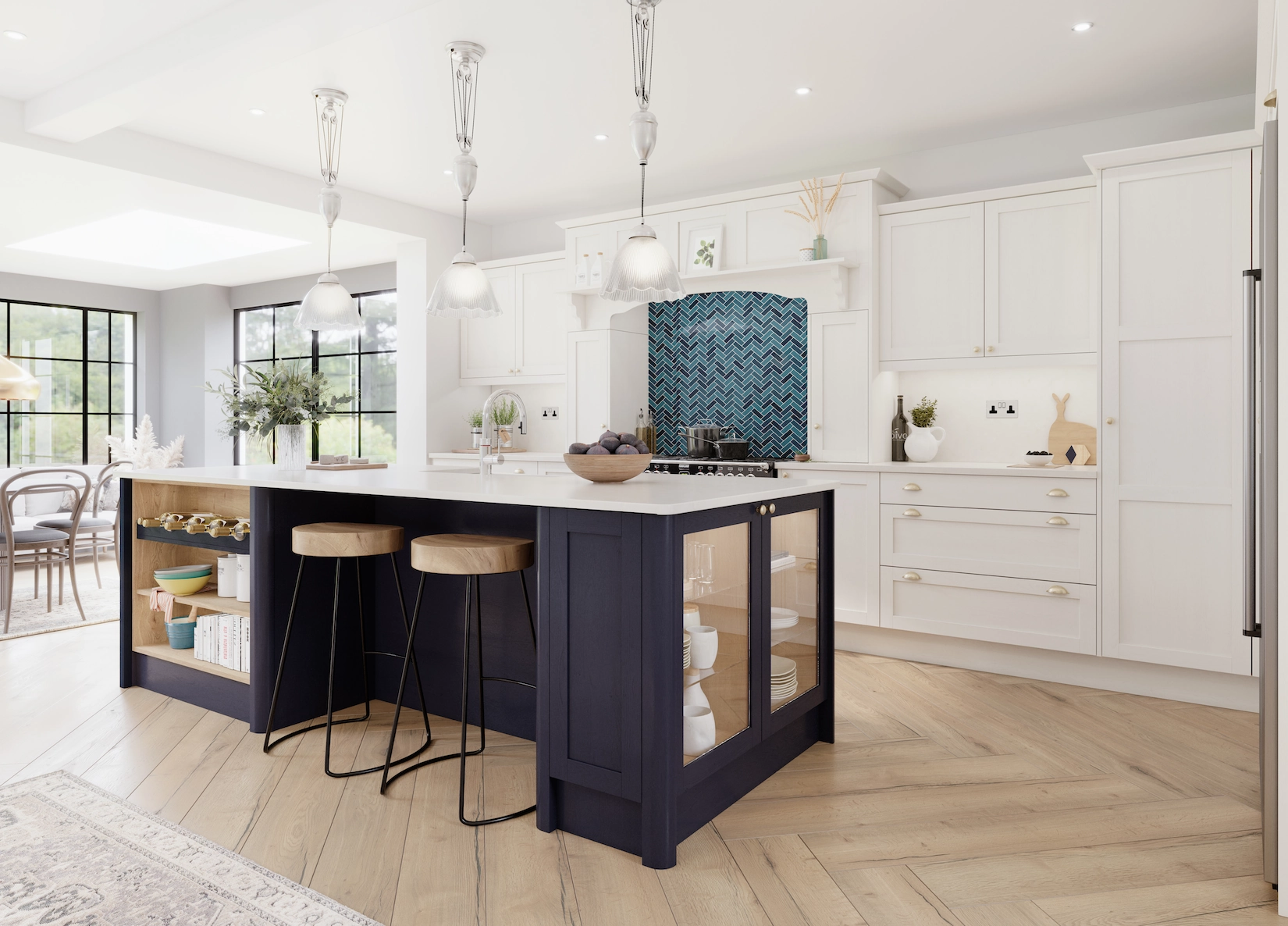 Cream shaker kitchen with navy island and herringbone flooring