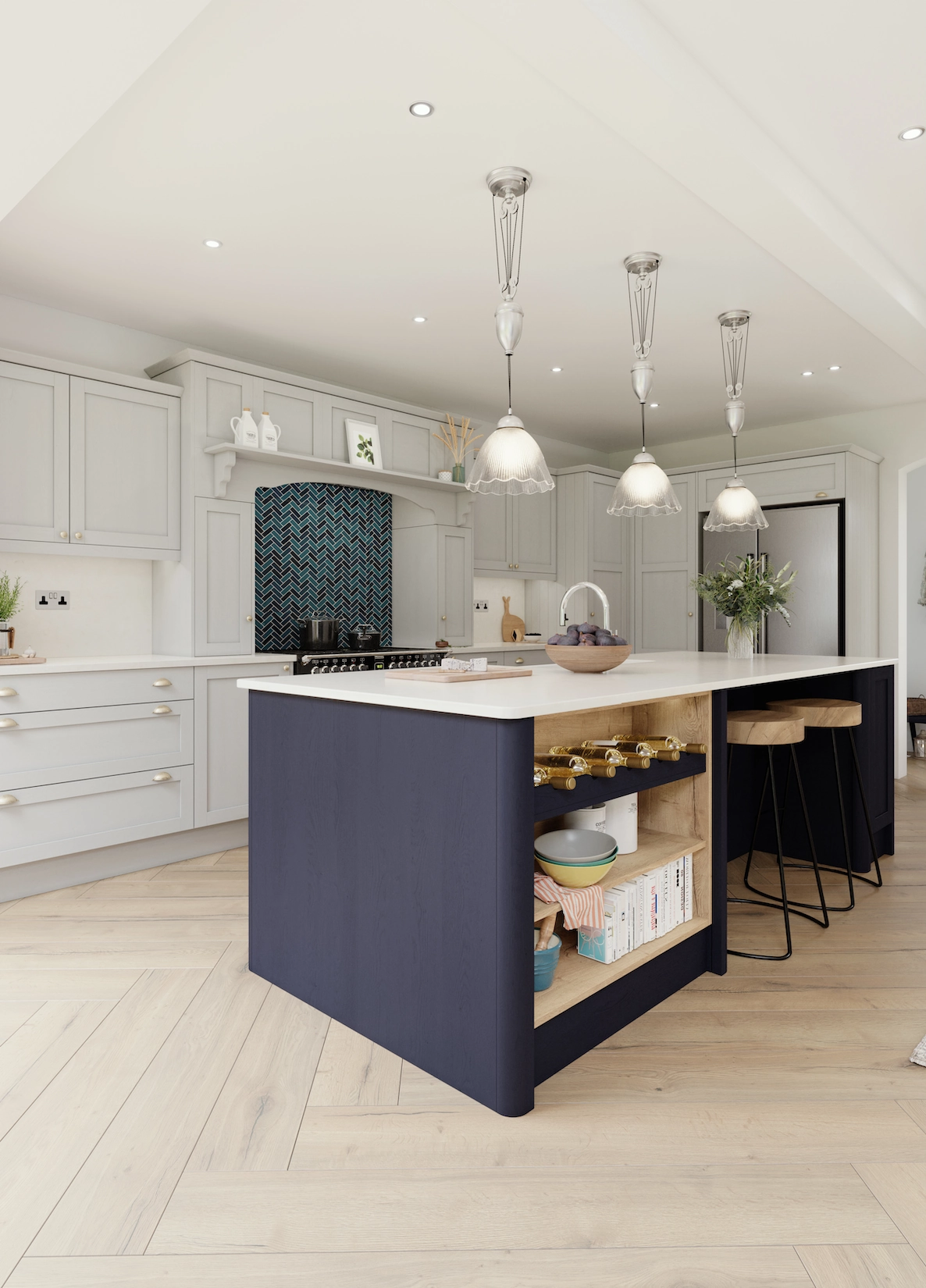 Cream shaker kitchen with navy island and pendant lighting