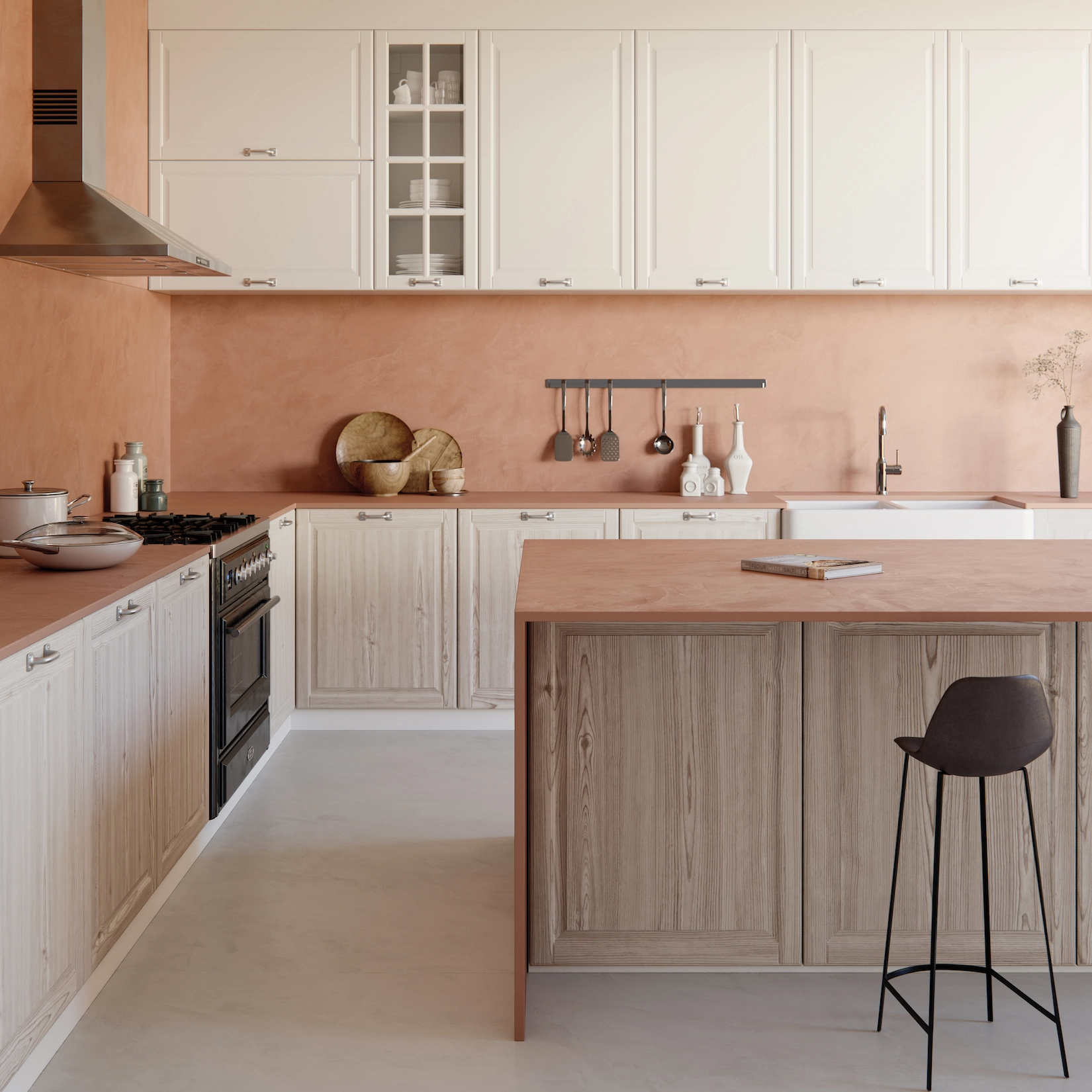 Shaker kitchen in pale timber with terracotta splashback
