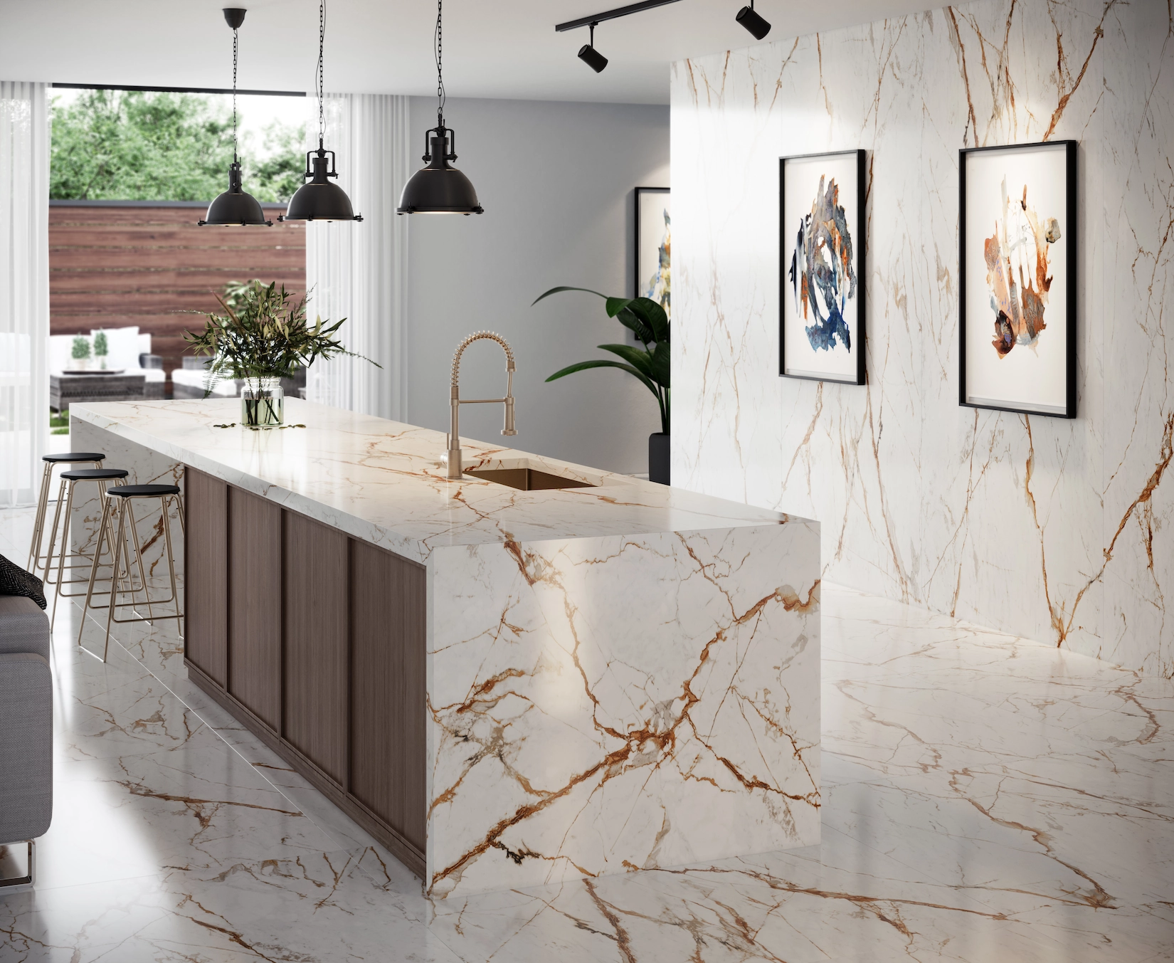 Shaker kitchen with calacatta marble island and timber cabinetry