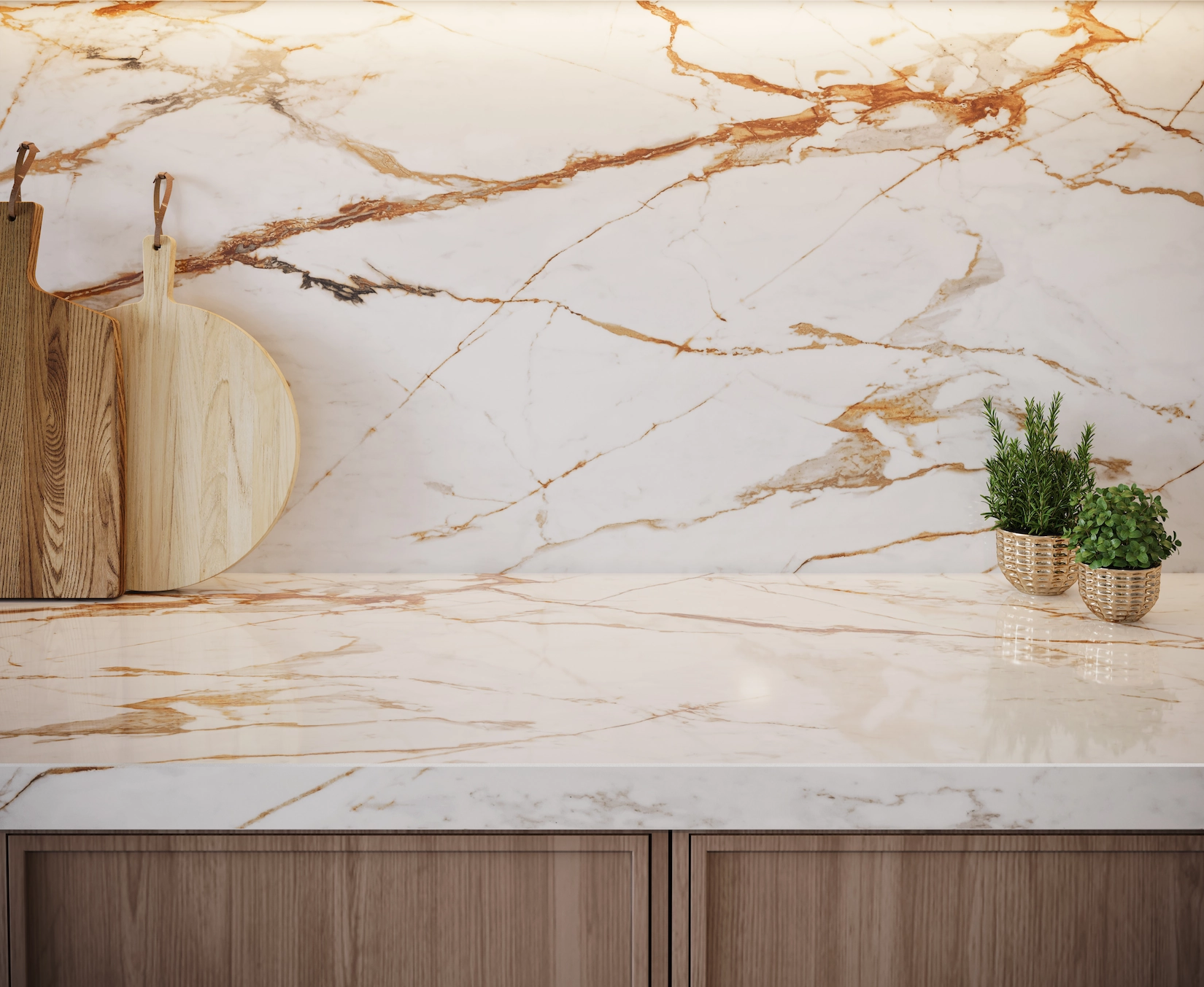 Calacatta marble splashback above timber shaker units
