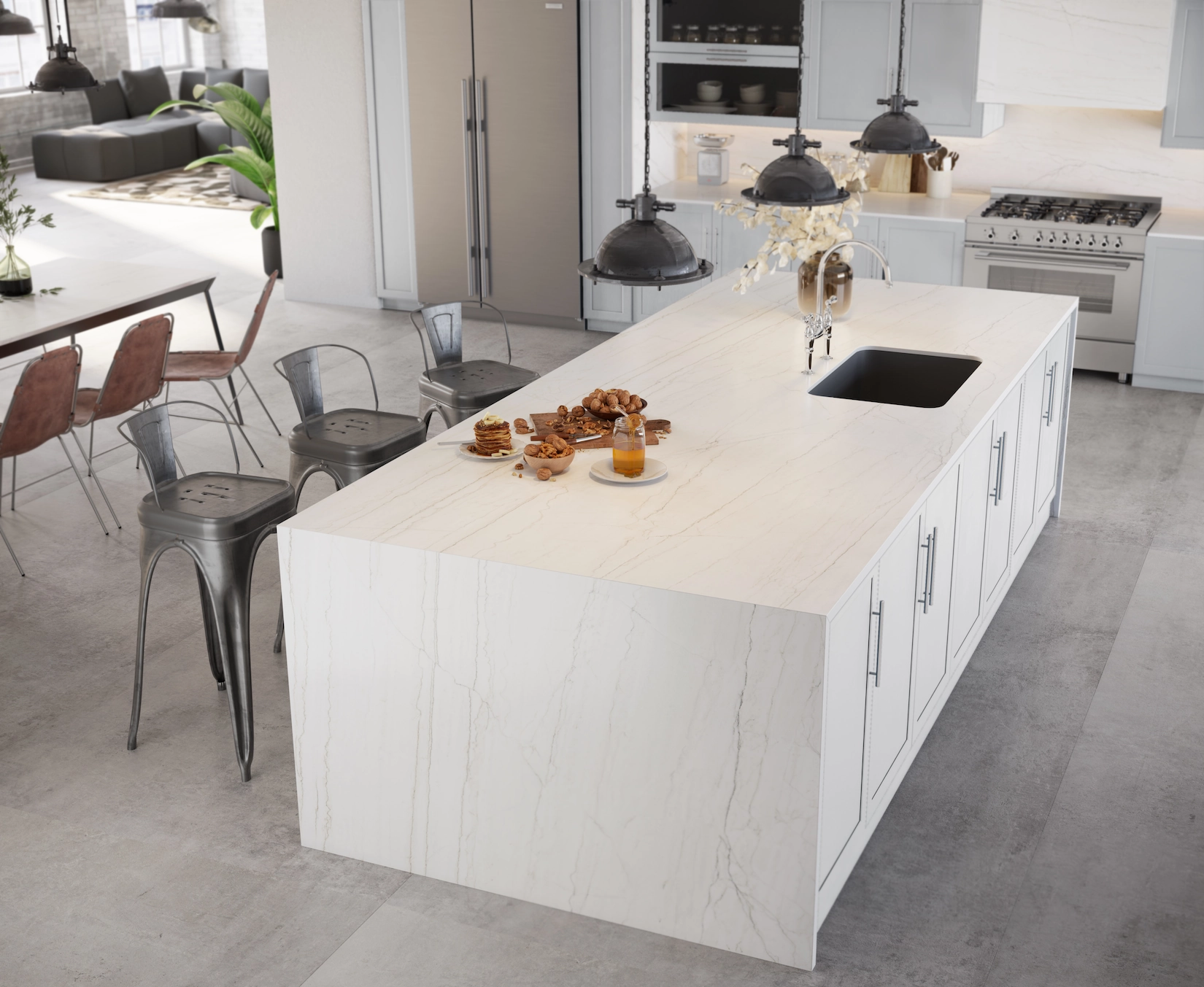 Shaker kitchen with white marble island and dining seating