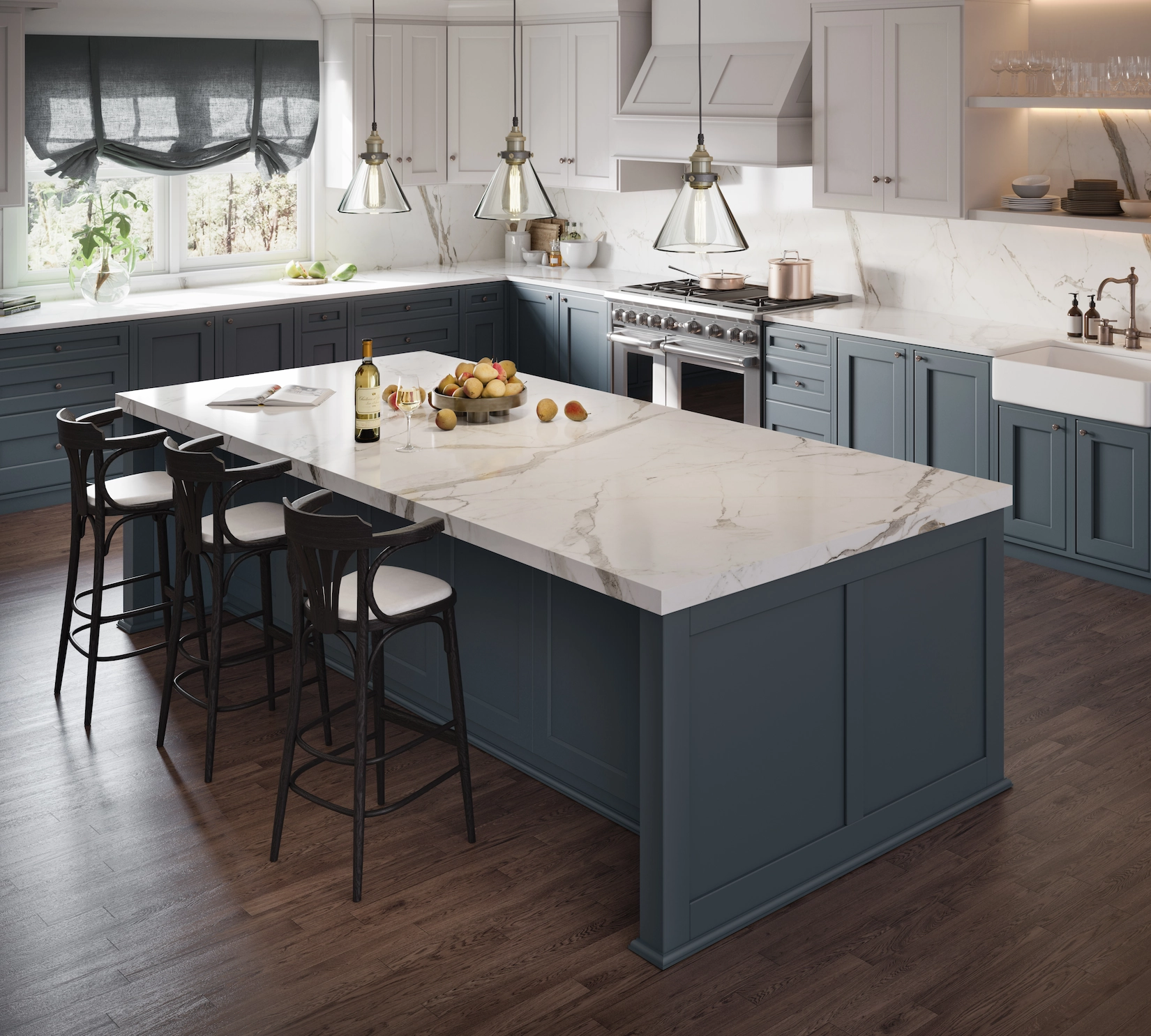 Contemporary kitchen in deep blue-grey with a large island and bar seating