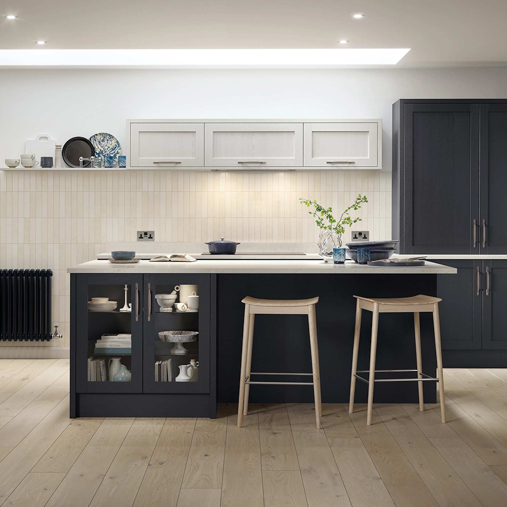 Navy shaker kitchen with island and glazed display cabinets