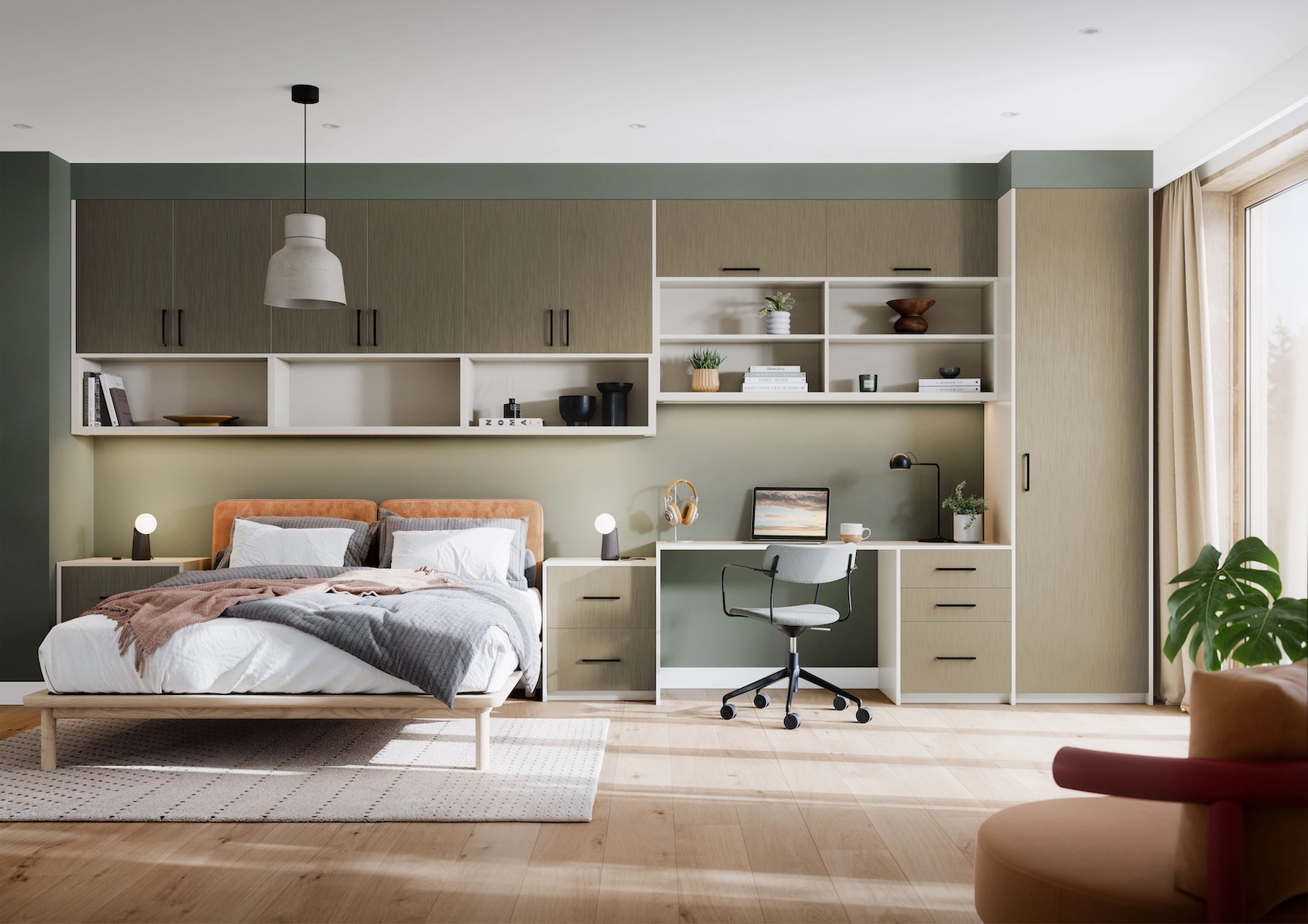 Sage fitted bedroom furniture with overbed storage and desk