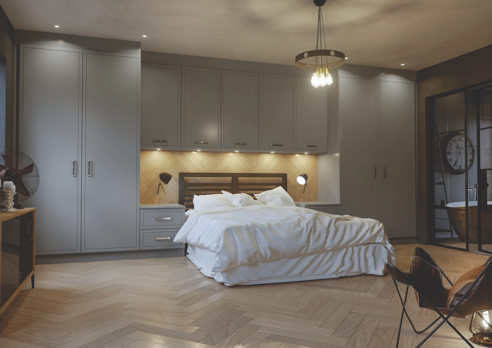 Fitted bedroom wardrobes with lit headboard and dressing area