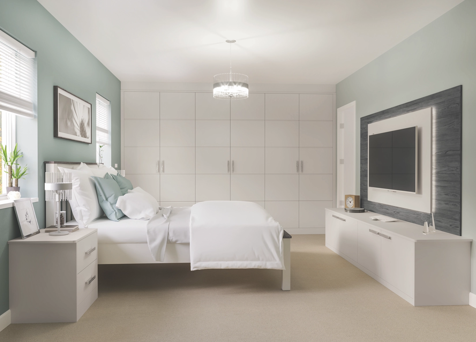 Cream fitted wardrobes with wall-mounted television
