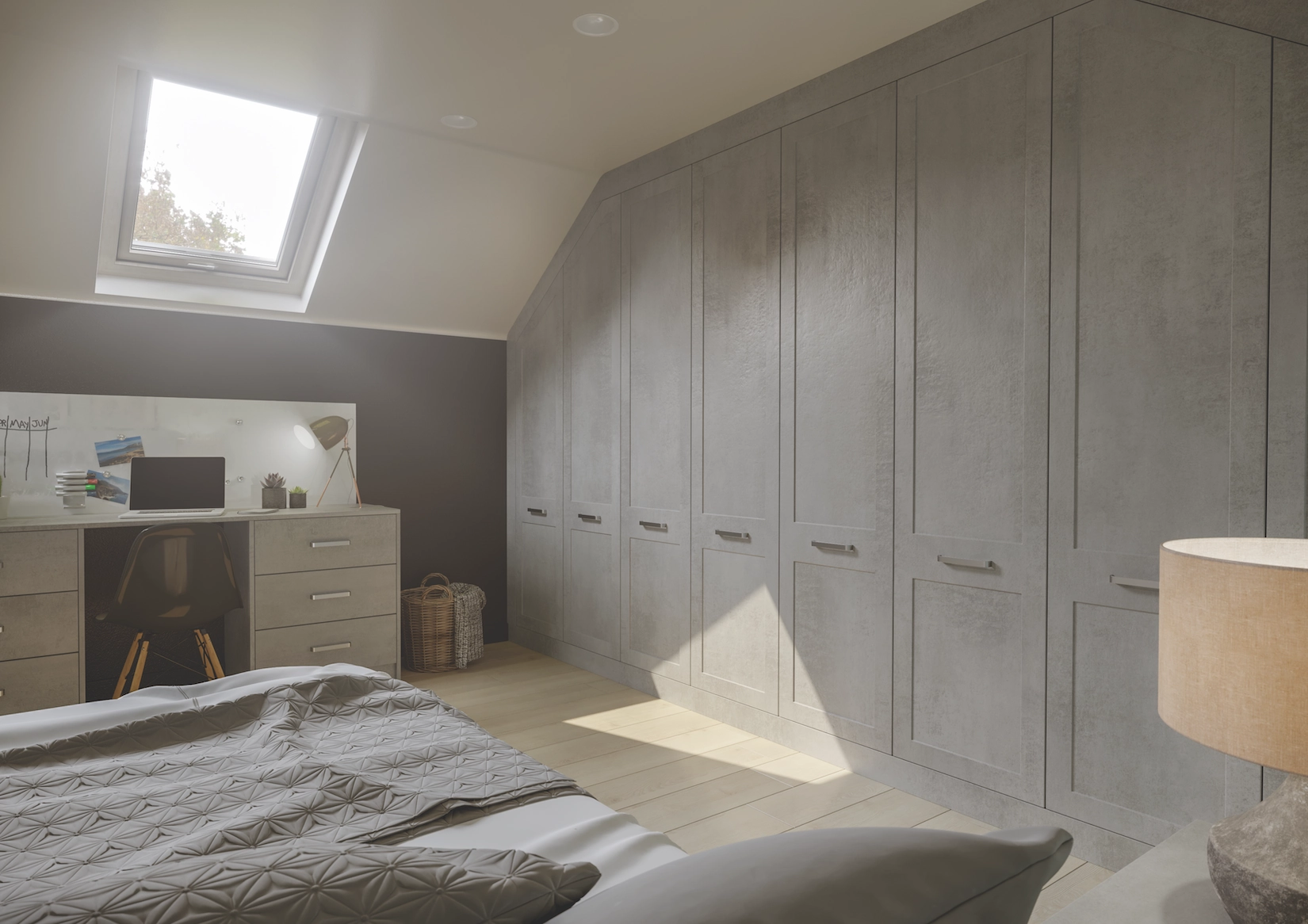 Fitted wardrobes built into the eaves of a loft bedroom