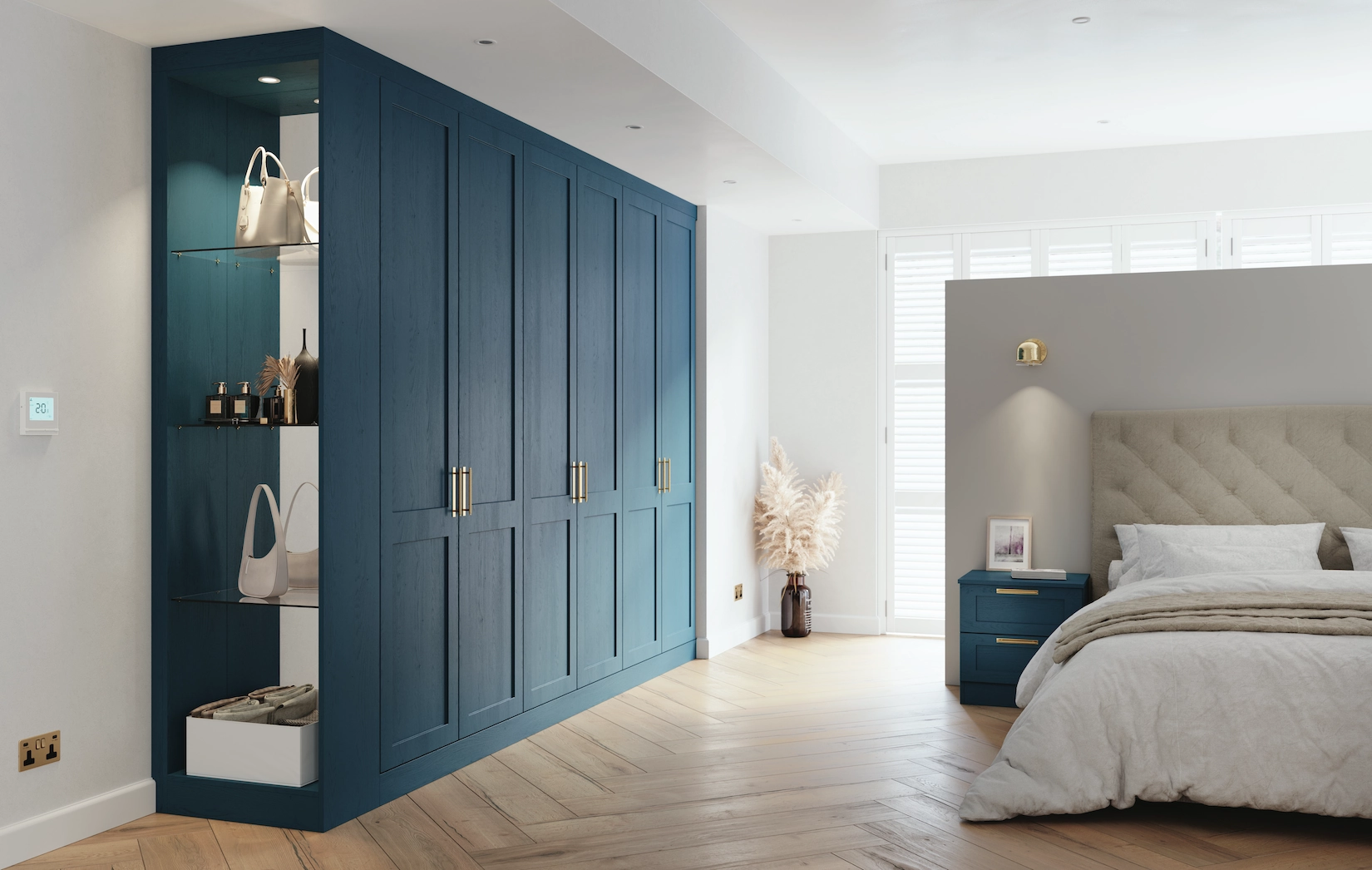 Teal fitted wardrobes with open display shelving