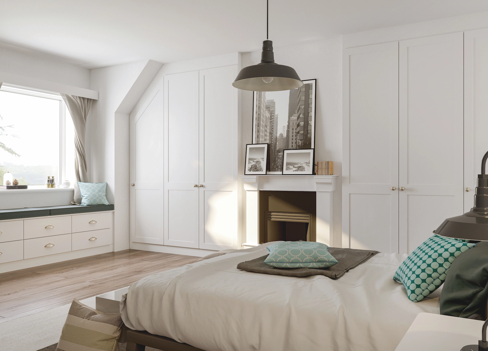 Cream fitted wardrobes in a loft bedroom with dressing table