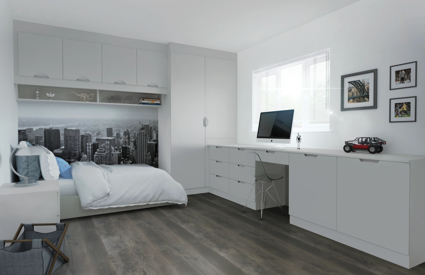 Fitted wardrobes with built-in desk and open hanging space