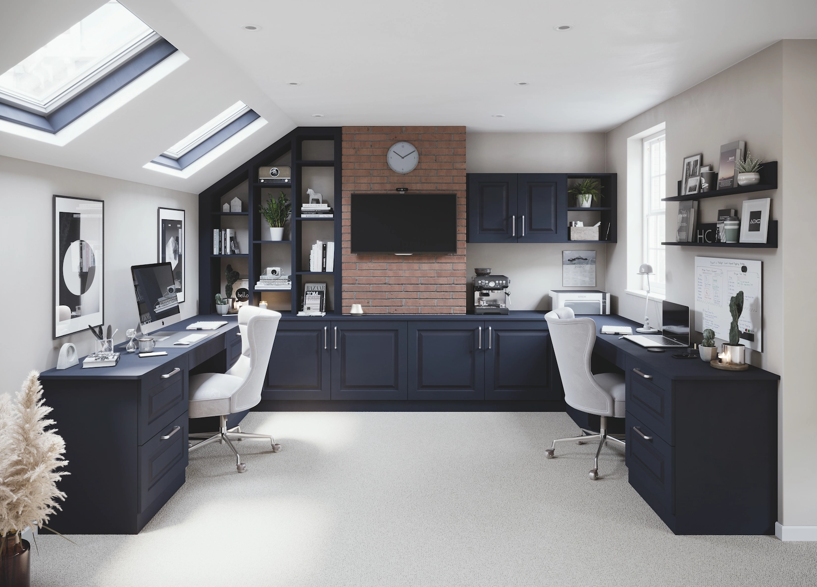 Loft home office in navy with twin desks and wall-mounted television