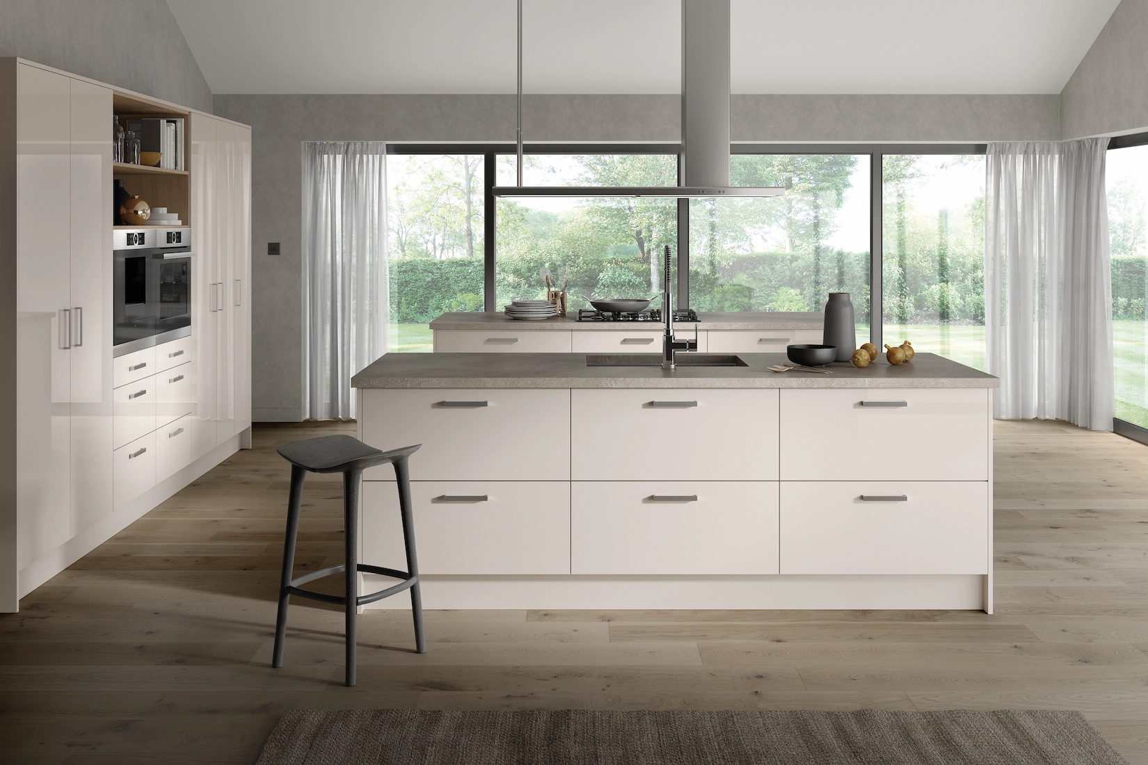 Cream slab kitchen island with picture window