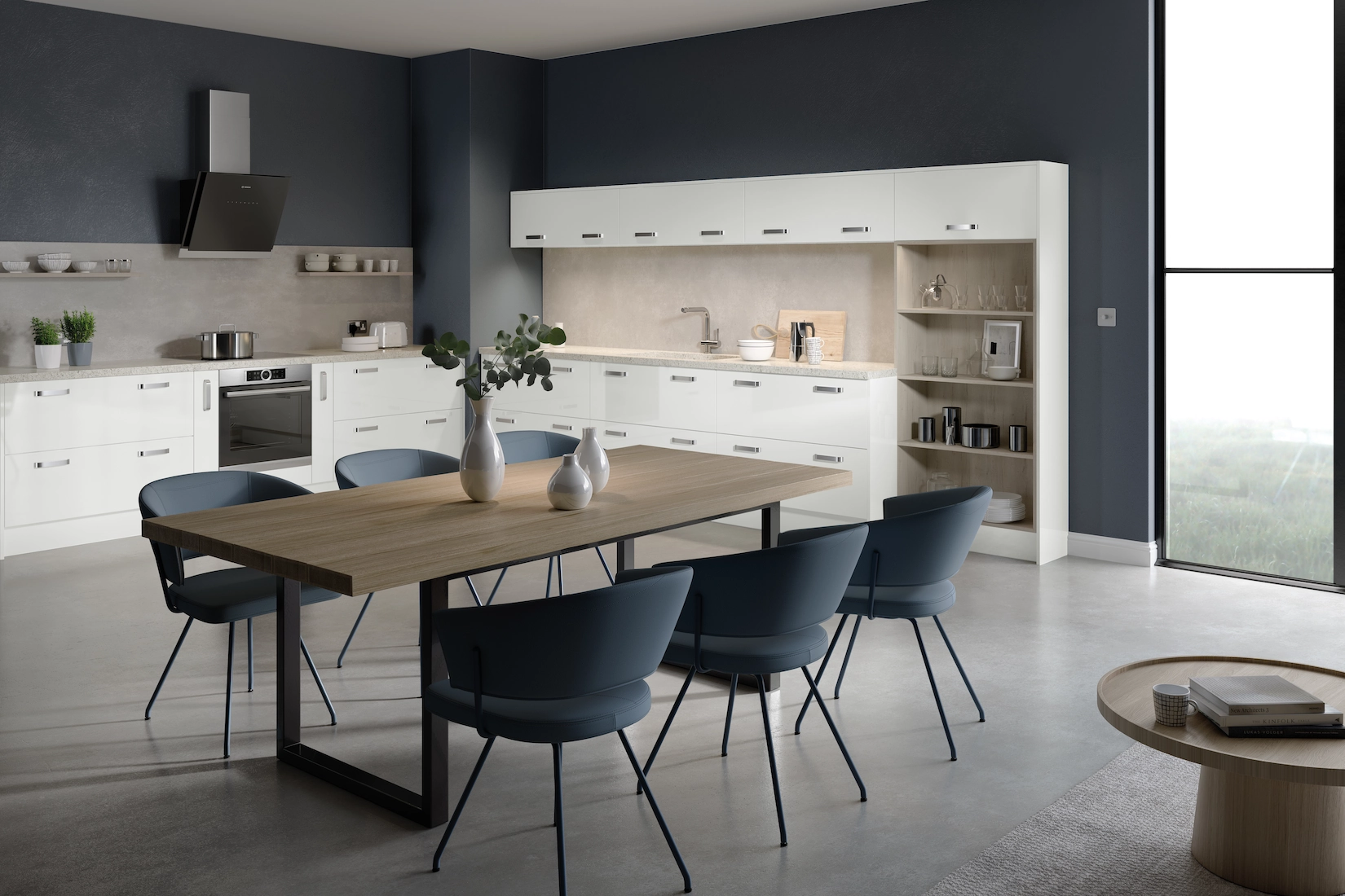 White slab kitchen with dining table and dark feature wall
