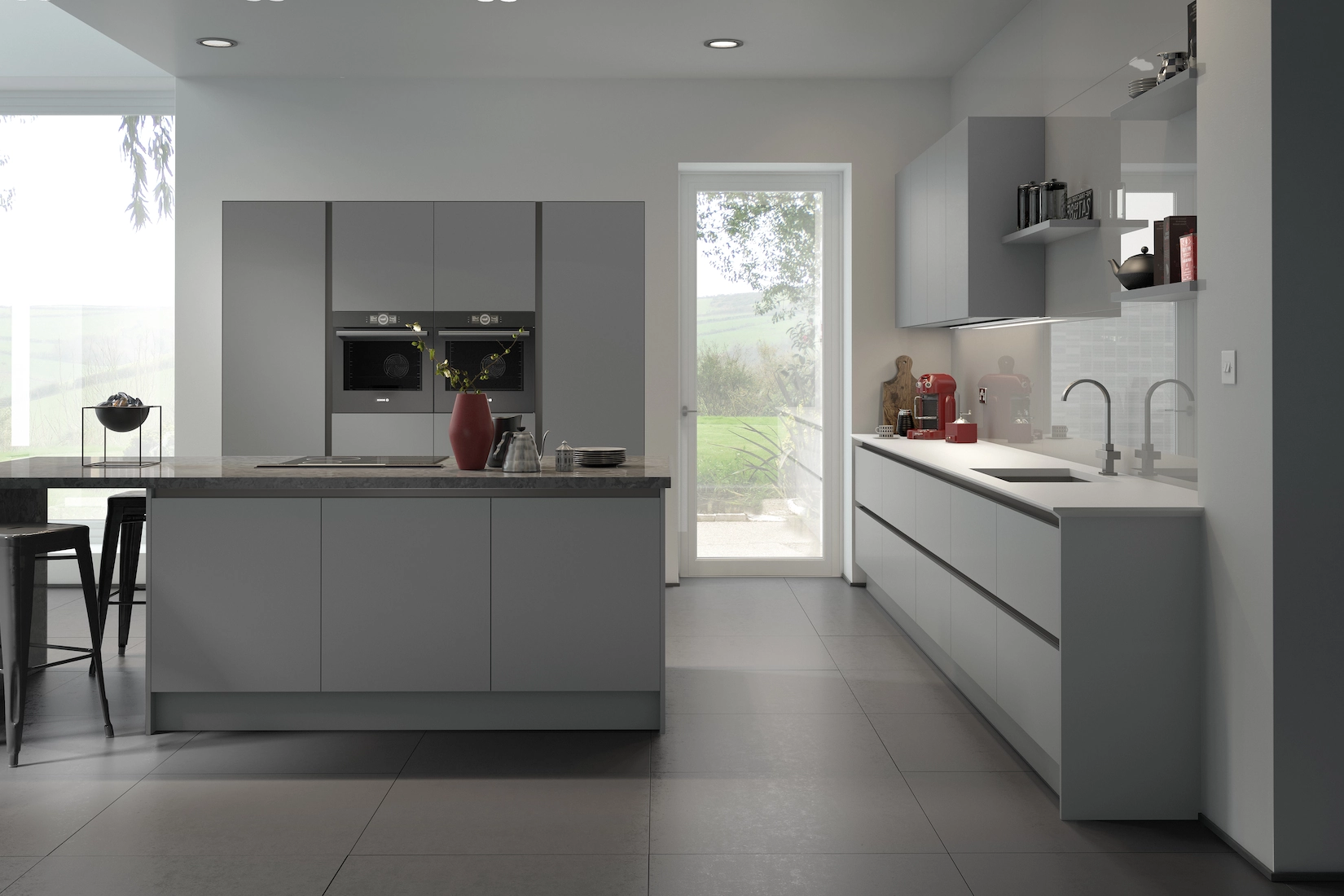 Grey handleless kitchen with island and garden access