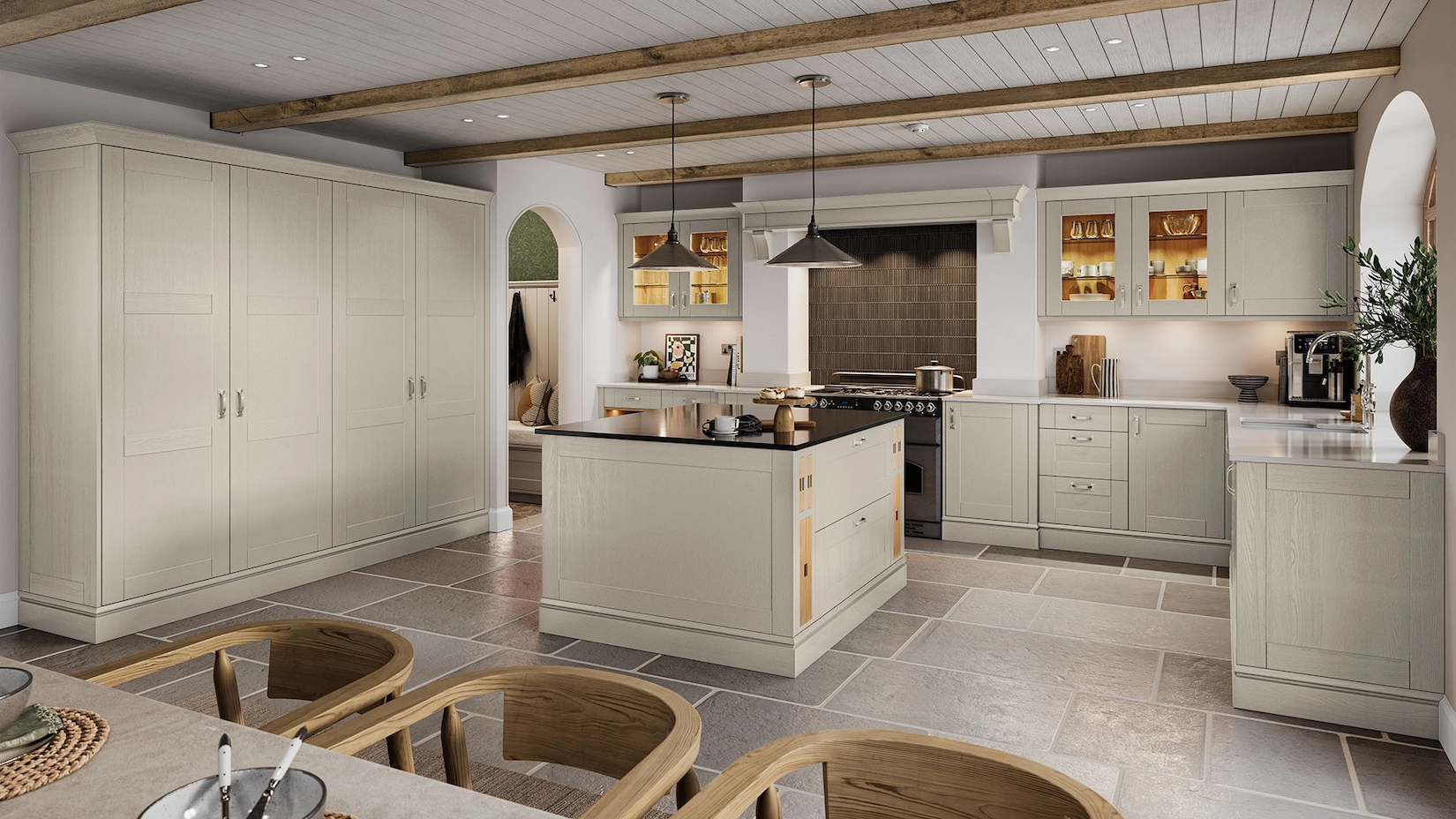 Cream shaker kitchen with island and vaulted timber ceiling