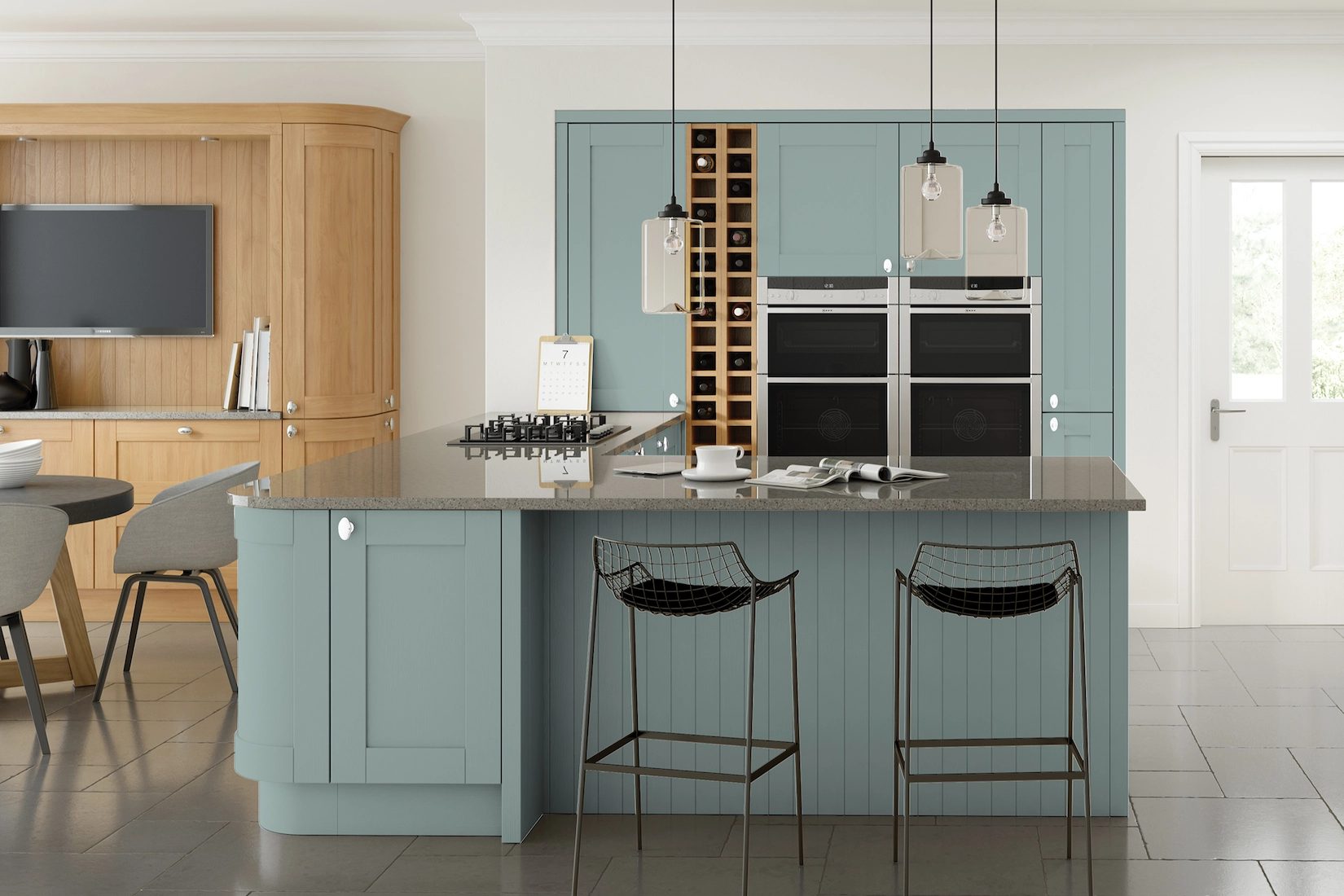 Blue shaker island with wine rack and bar stools