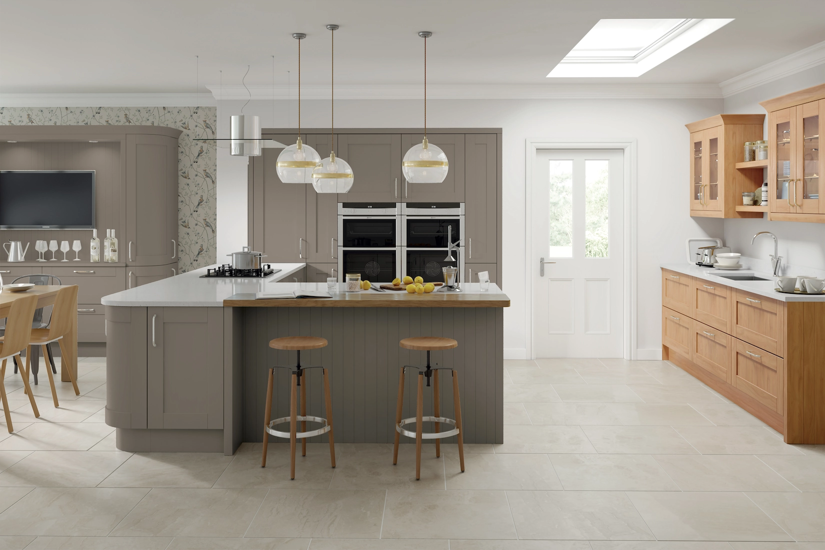 Grey shaker kitchen with island and oak cabinetry
