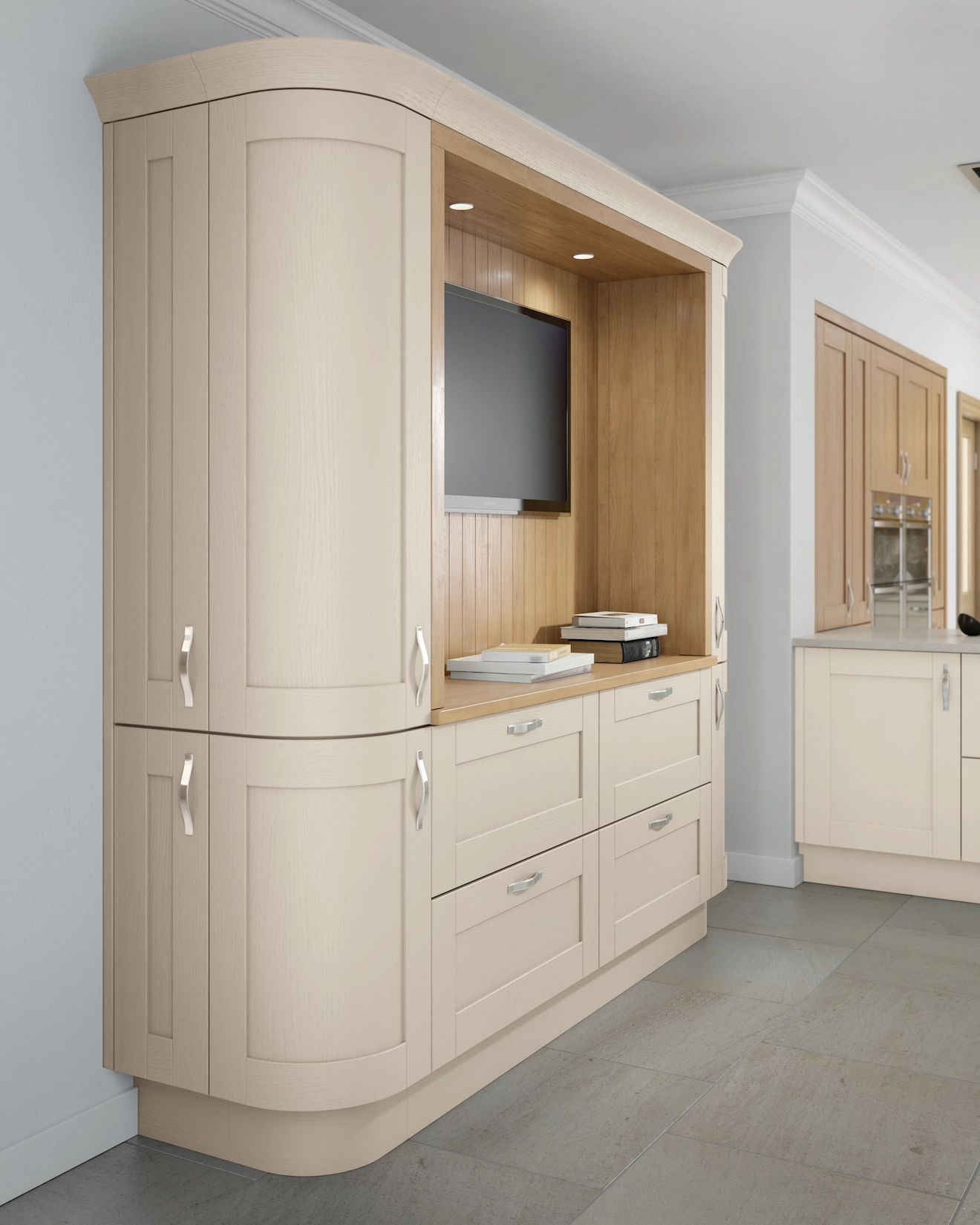 Cream shaker dresser unit with curved end and integrated television