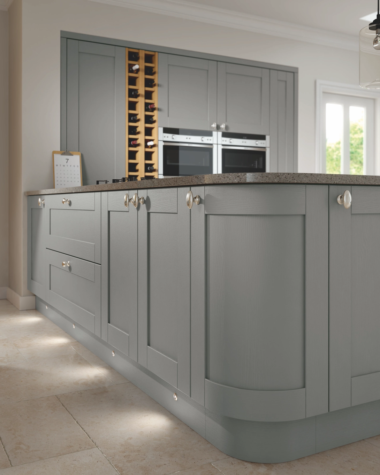Grey shaker island with curved end and built-in wine rack