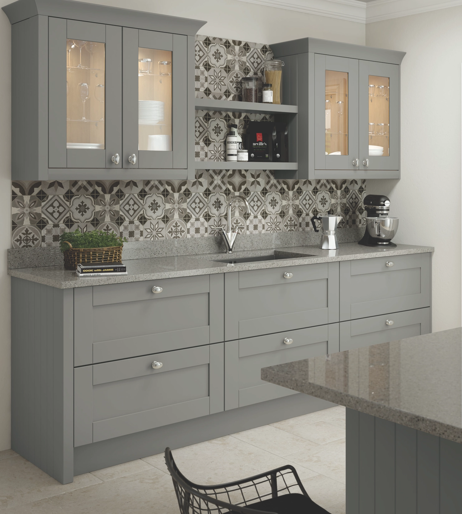 Grey shaker kitchen with patterned tile splashback