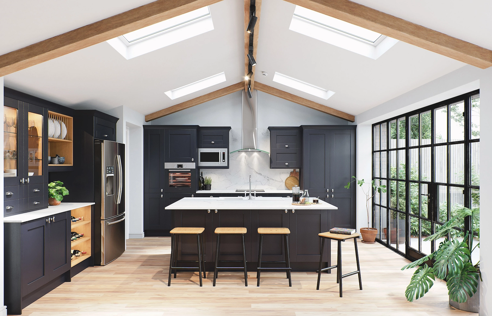 Navy shaker kitchen in a vaulted extension with roof lights