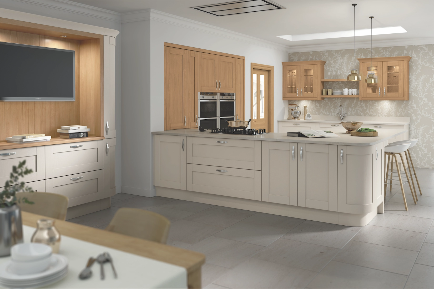 Cream and oak shaker kitchen with island seating