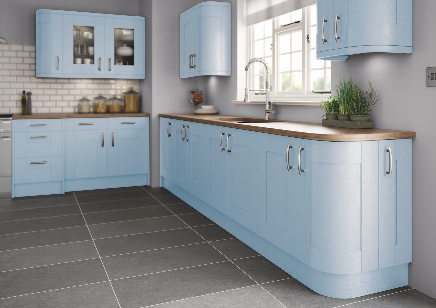 Light blue shaker kitchen with timber worktop