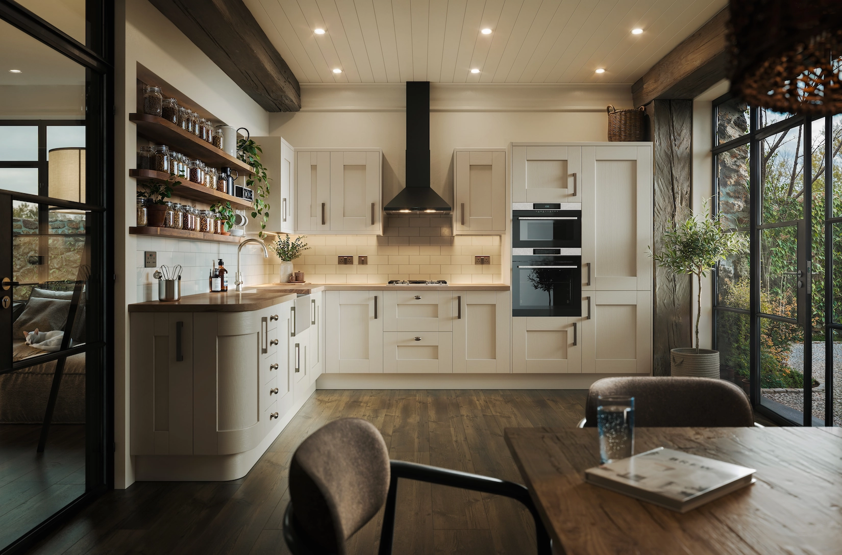 Cream shaker kitchen with extractor hood and open shelving