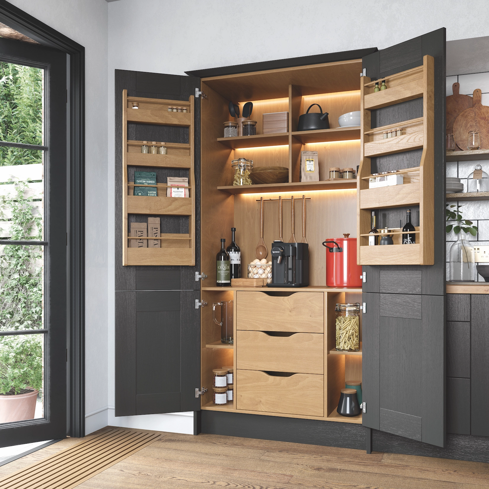 Dark shaker larder cupboard with fitted oak interior