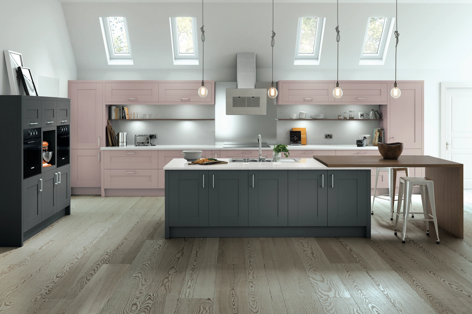 Pink and grey shaker kitchen with island and roof lights