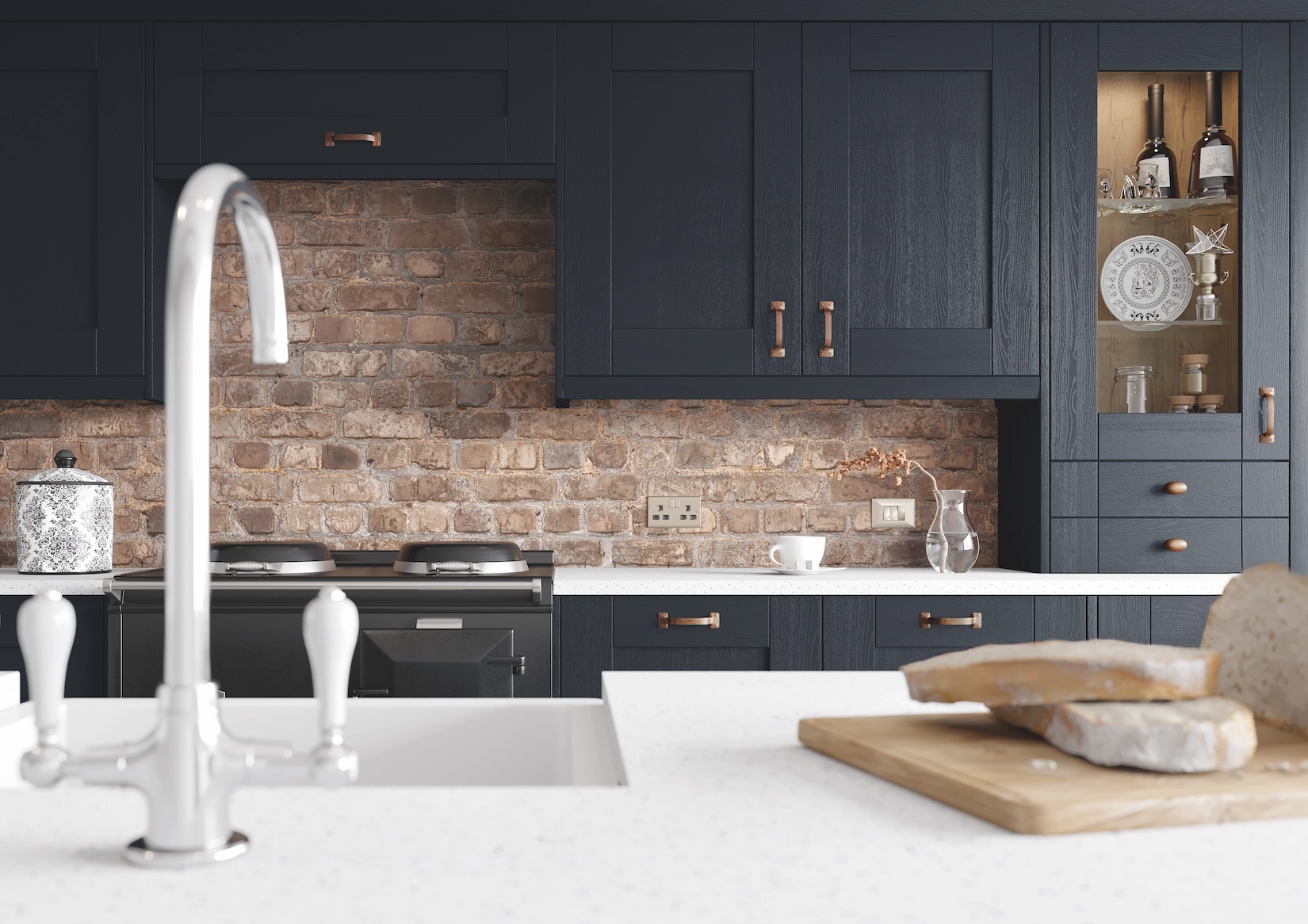 Navy shaker kitchen with range cooker and exposed brick splashback