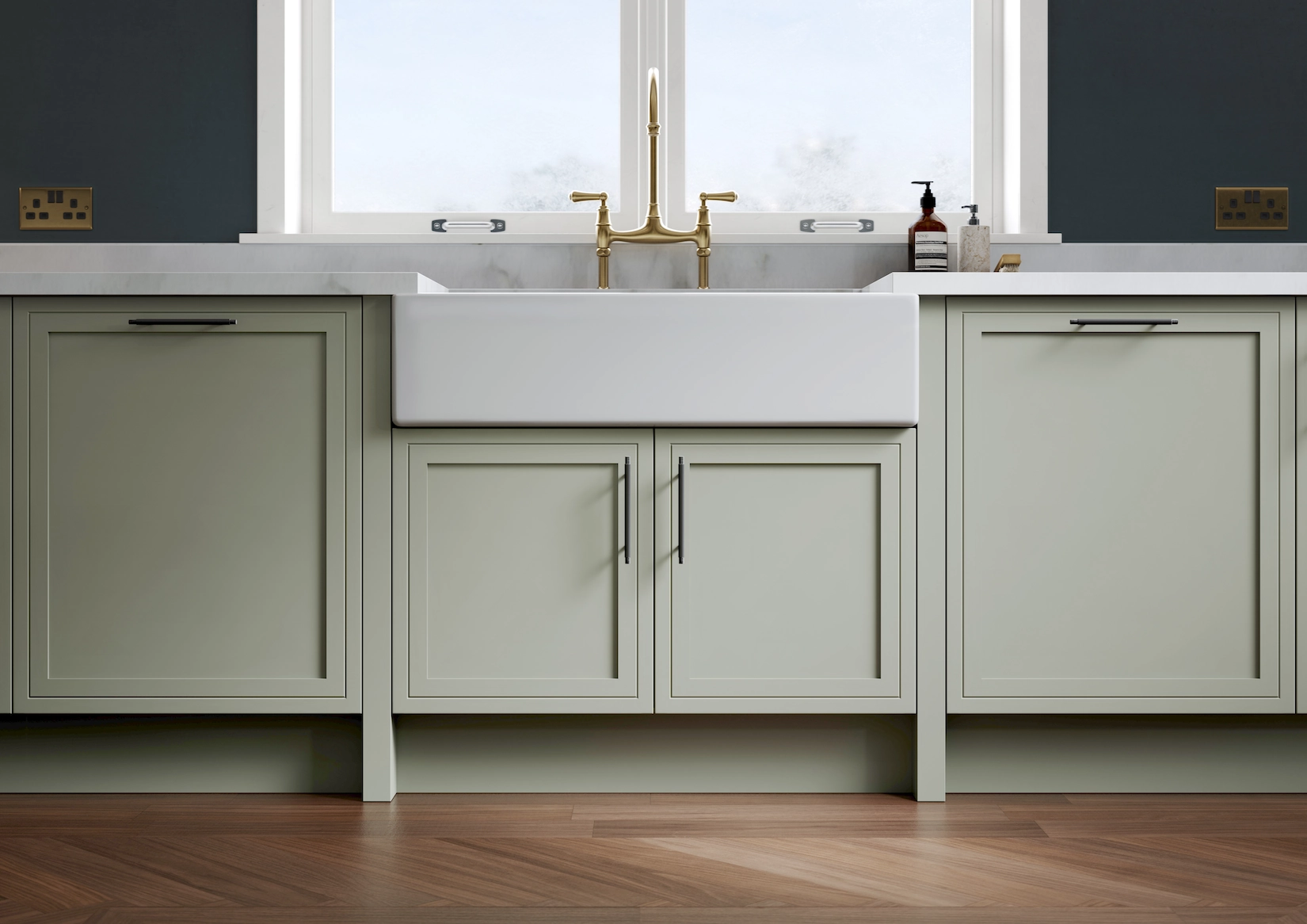 Sage shaker cabinets with butler sink and brass tap