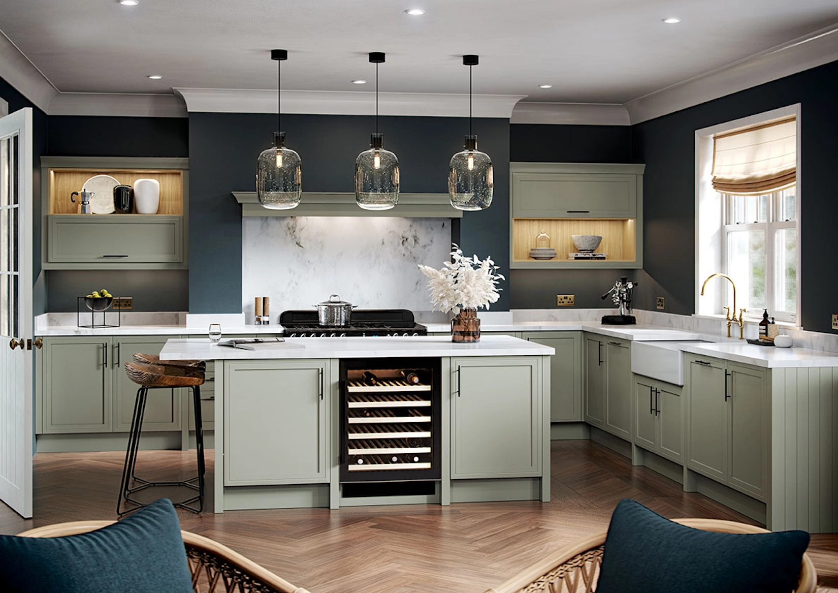 Sage shaker kitchen with range cooker and wine cooler island