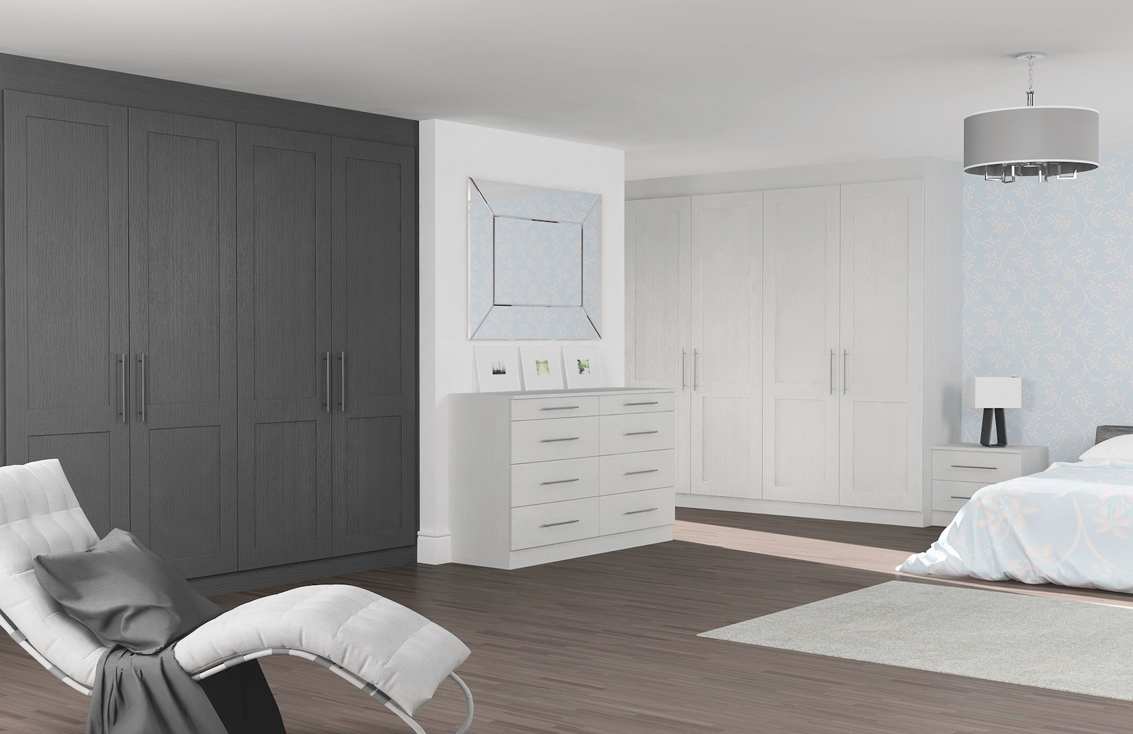 Dark grey fitted wardrobes with white dressing table