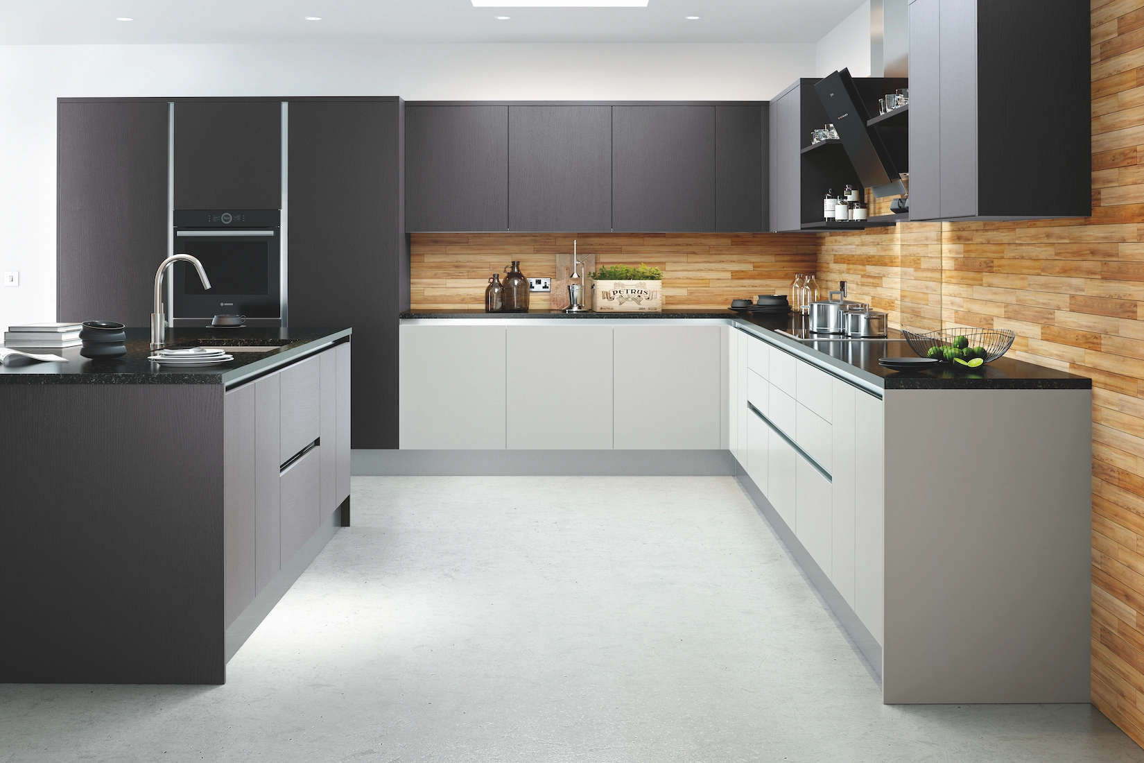 Grey handleless kitchen with timber splashback
