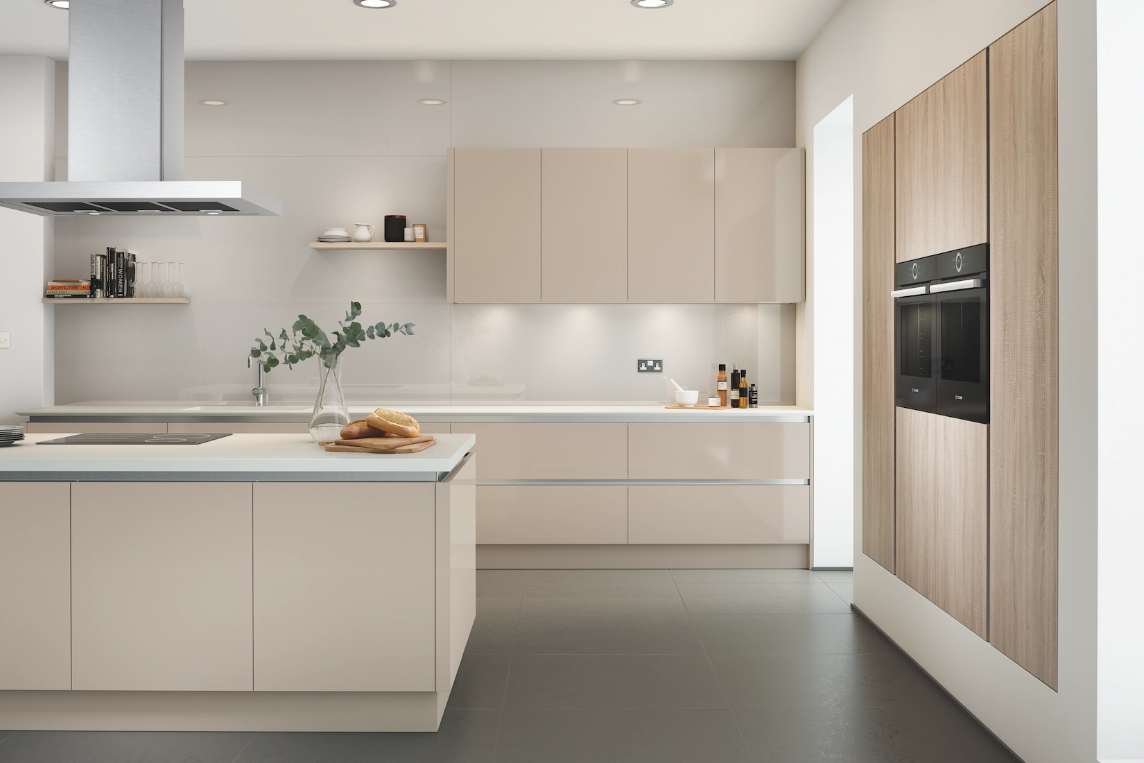 Handleless kitchen with white units and timber tall cabinets