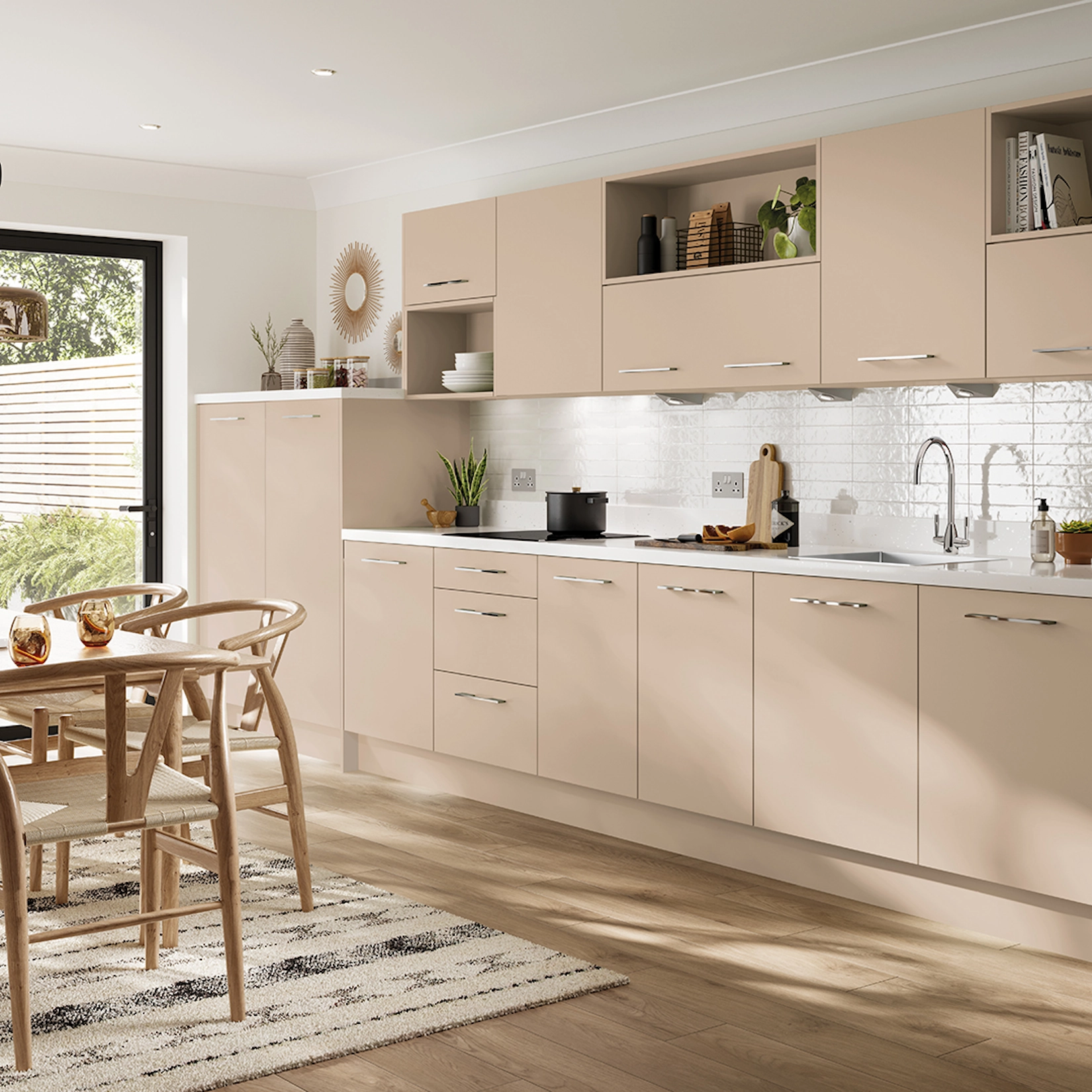 Blush slab kitchen with breakfast bar and metro tile splashback