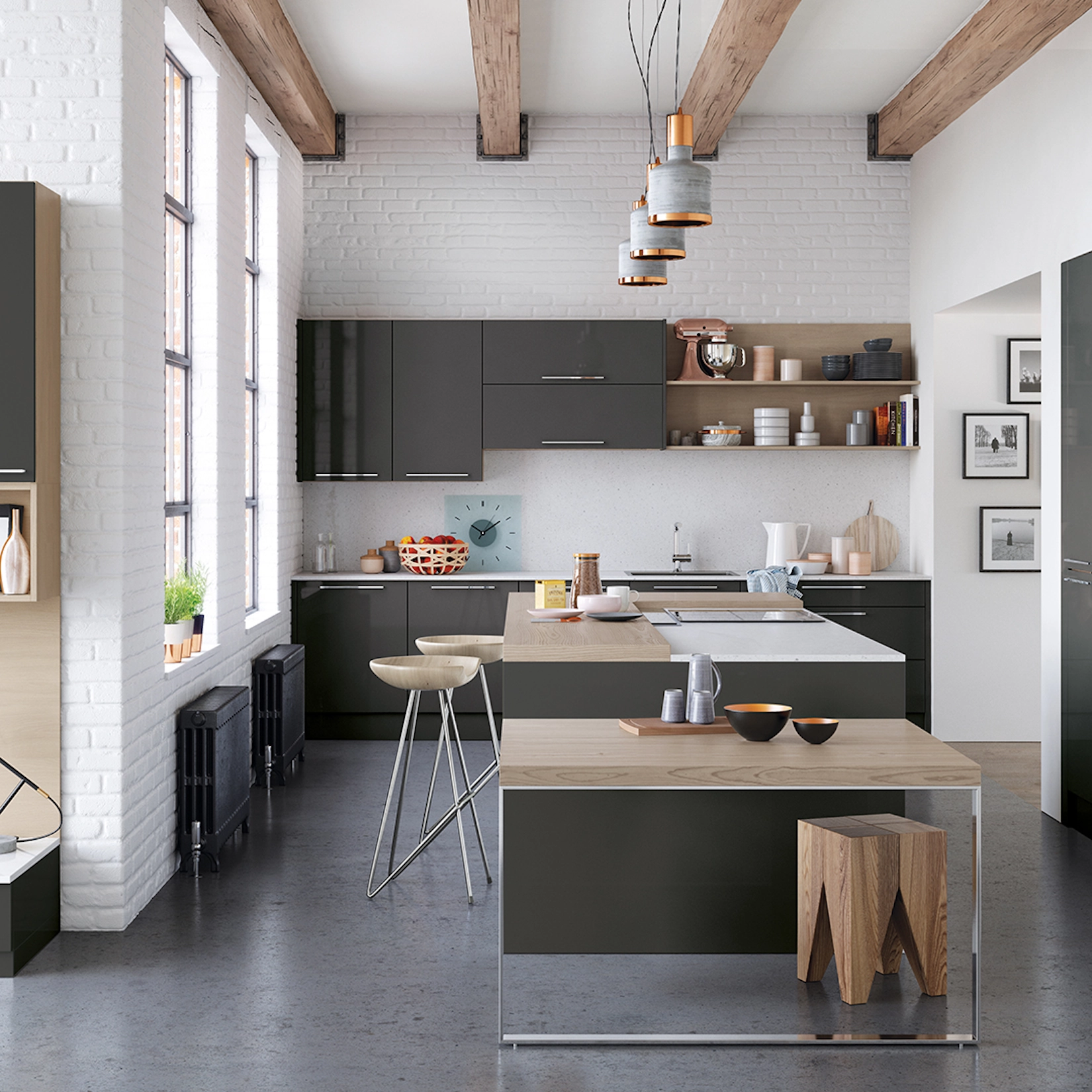 Dark slab kitchen with island, exposed beams and metro tiles