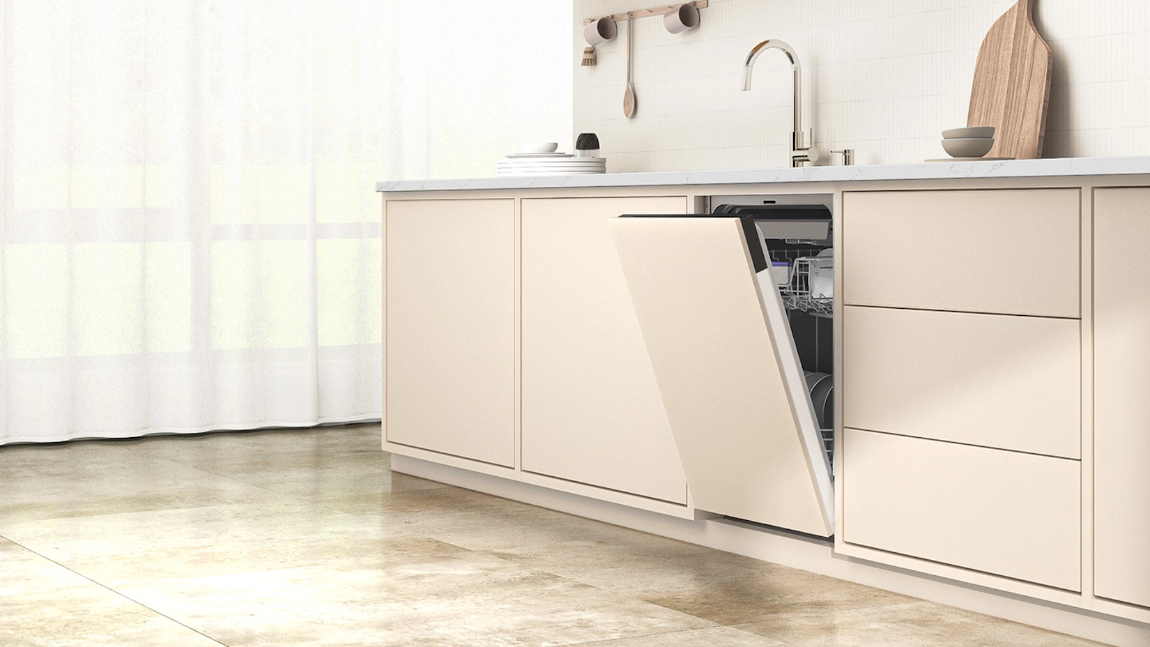 Cream handleless kitchen run with integrated dishwasher