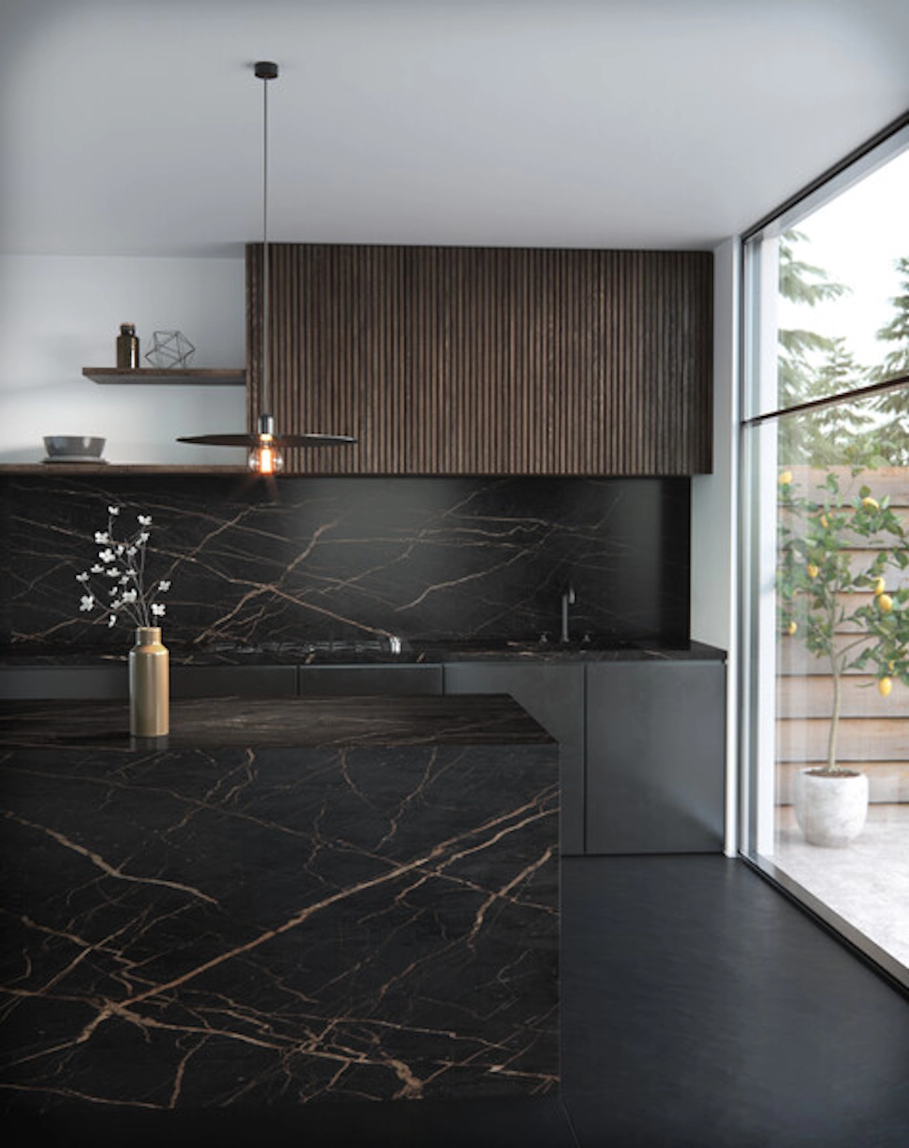 Handleless kitchen with black marble splashback and fluted timber units